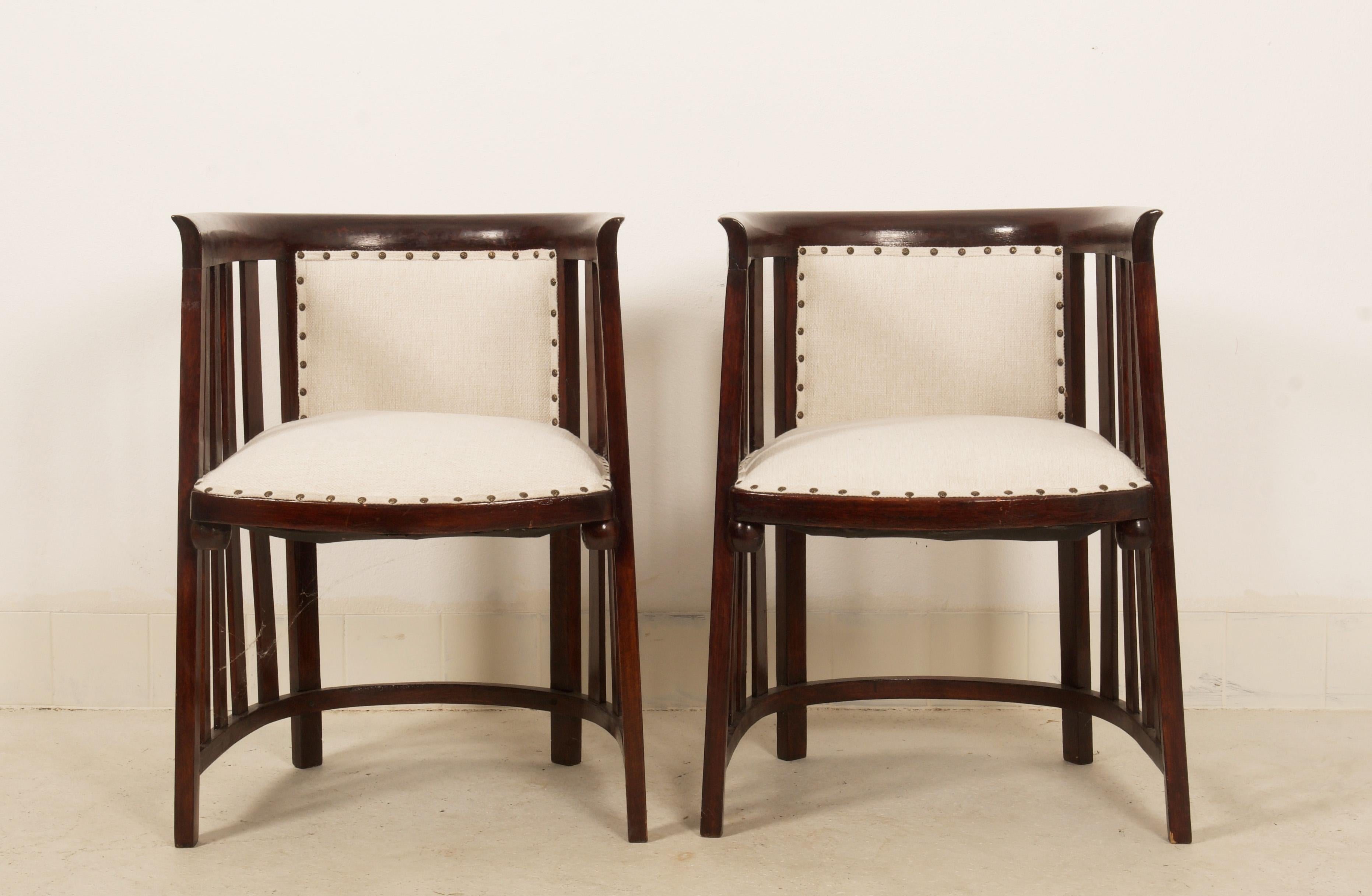 Beech bentwood frame, wool fabric upholstery. Designed circa 1900-1910 by Josef Hoffmann for Cabaret Fledermaus in Vienna. Made by Thonet.
Set of two.