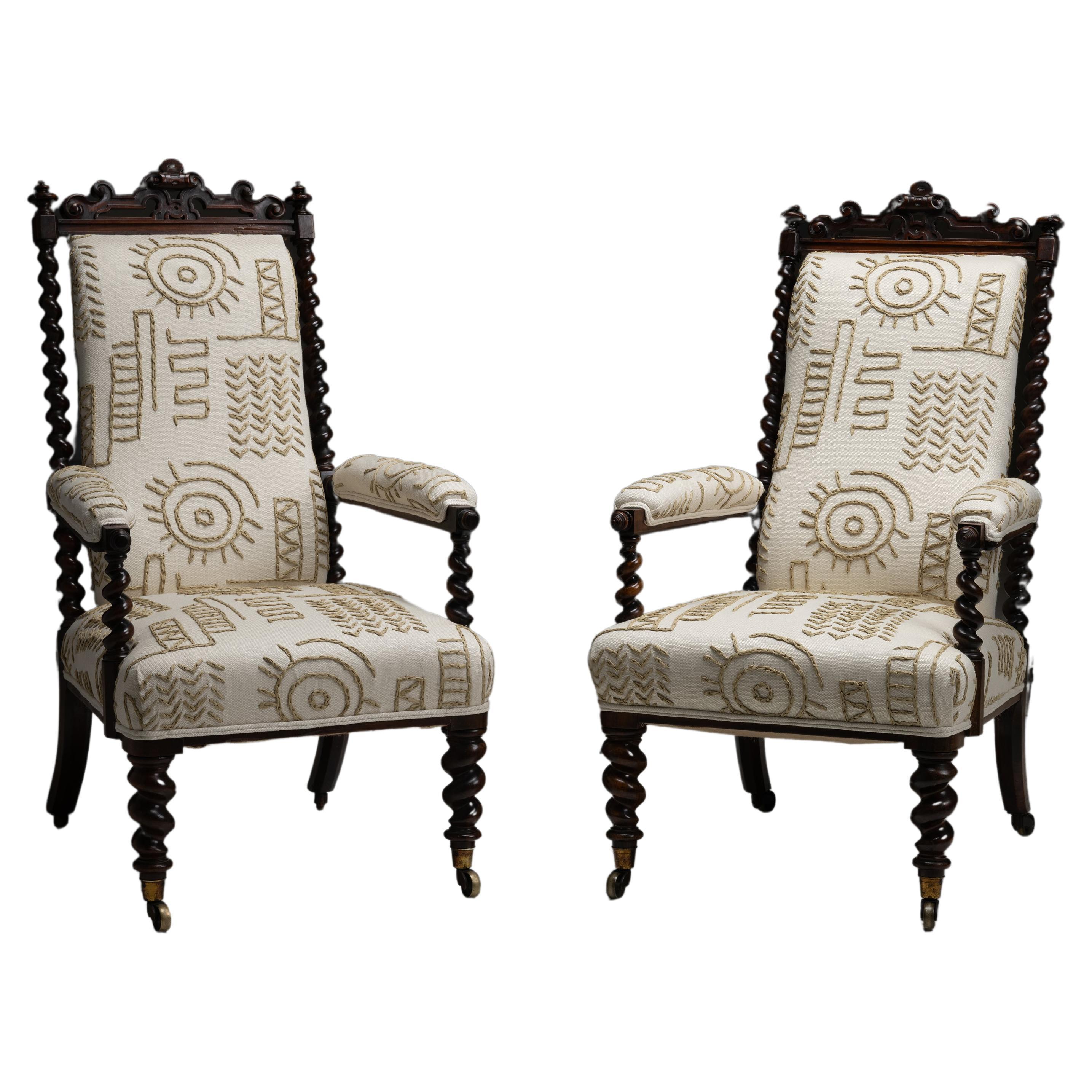 Armchairs by Miles & Edwards in Embroidered Linen, England circa 1835 For Sale