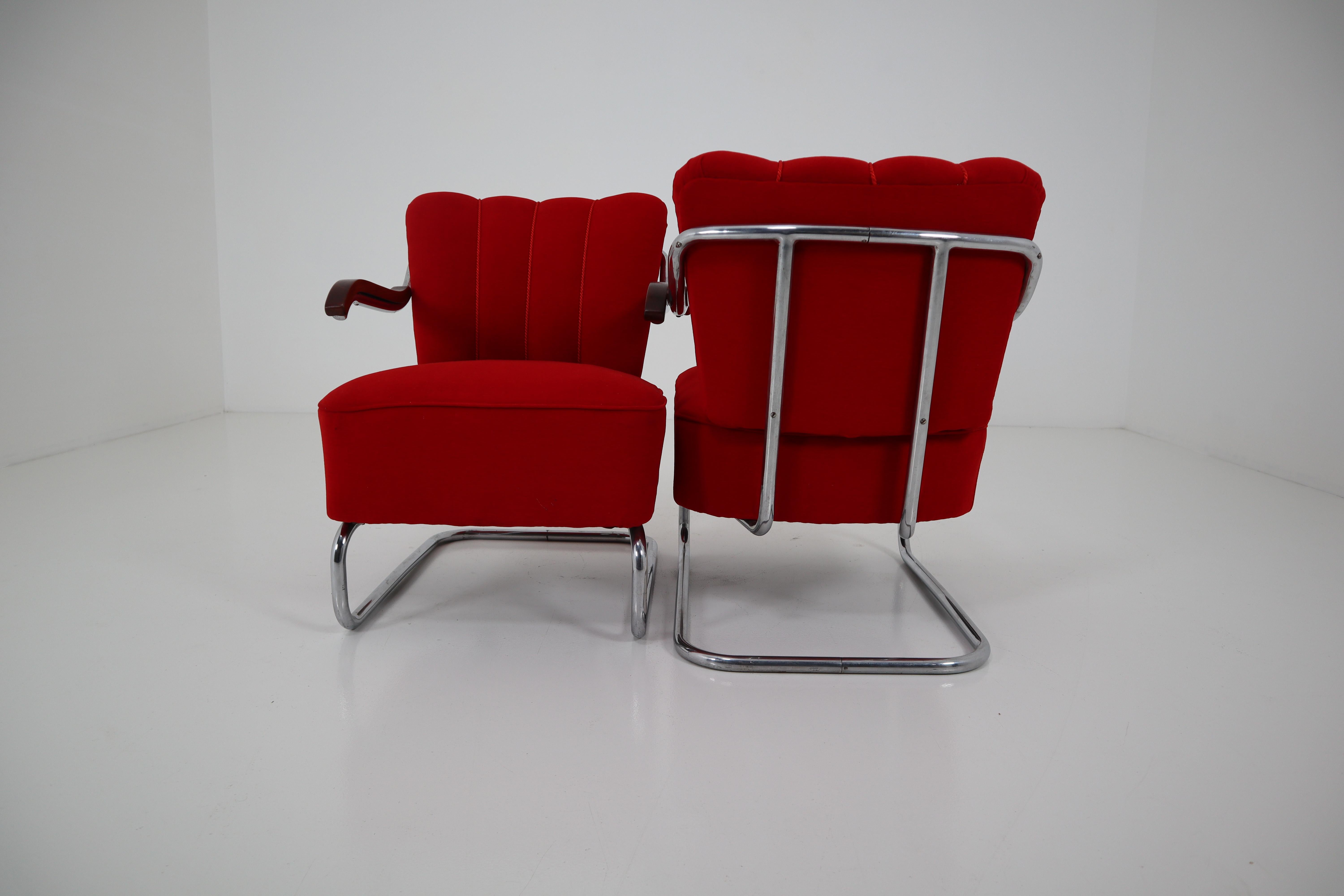 Armchairs by Thonet circa 1920s Midcentury Bauhaus Period in Red Fabric 5