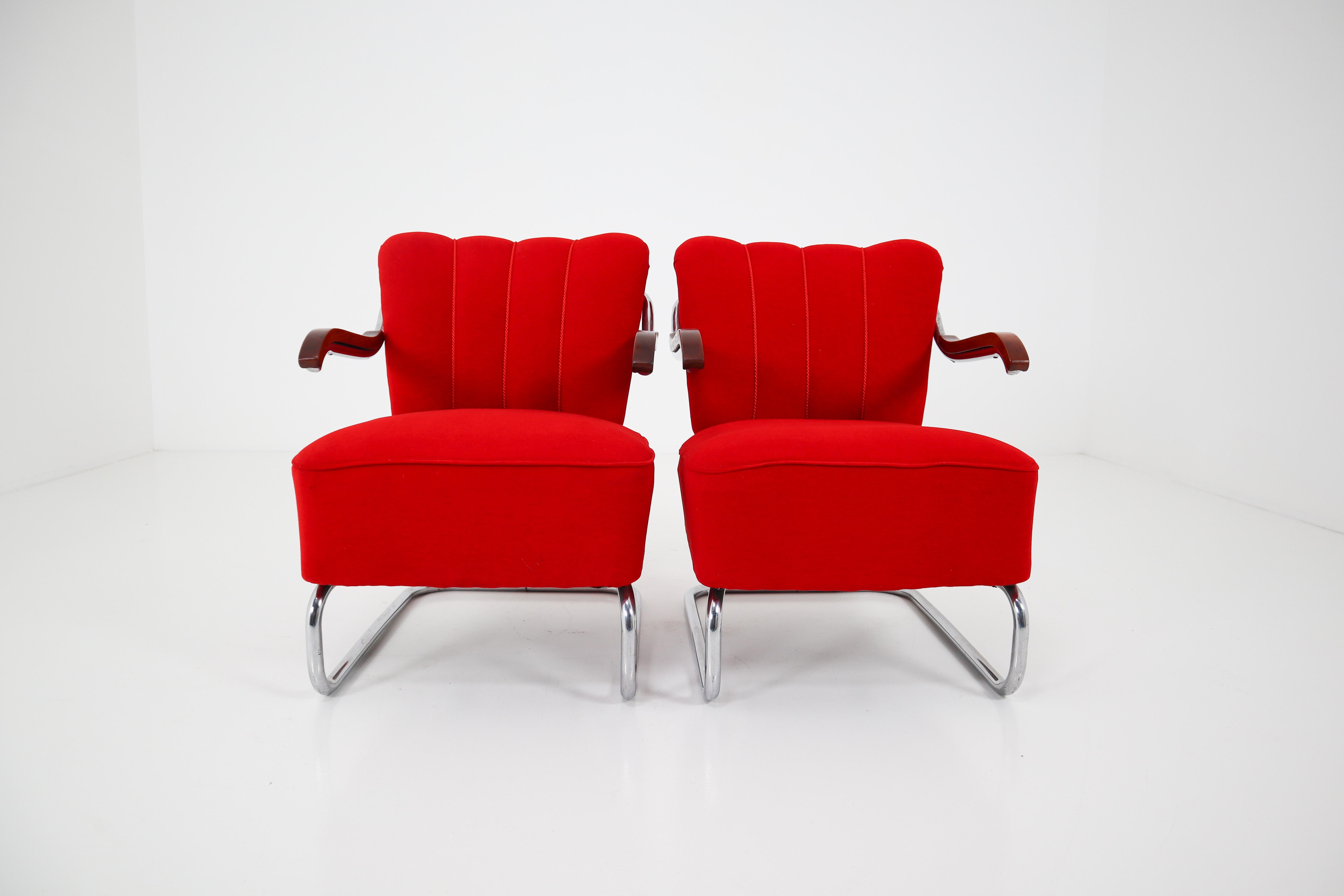 Armchairs by Thonet circa 1920s Midcentury Bauhaus Period in Red Fabric 2