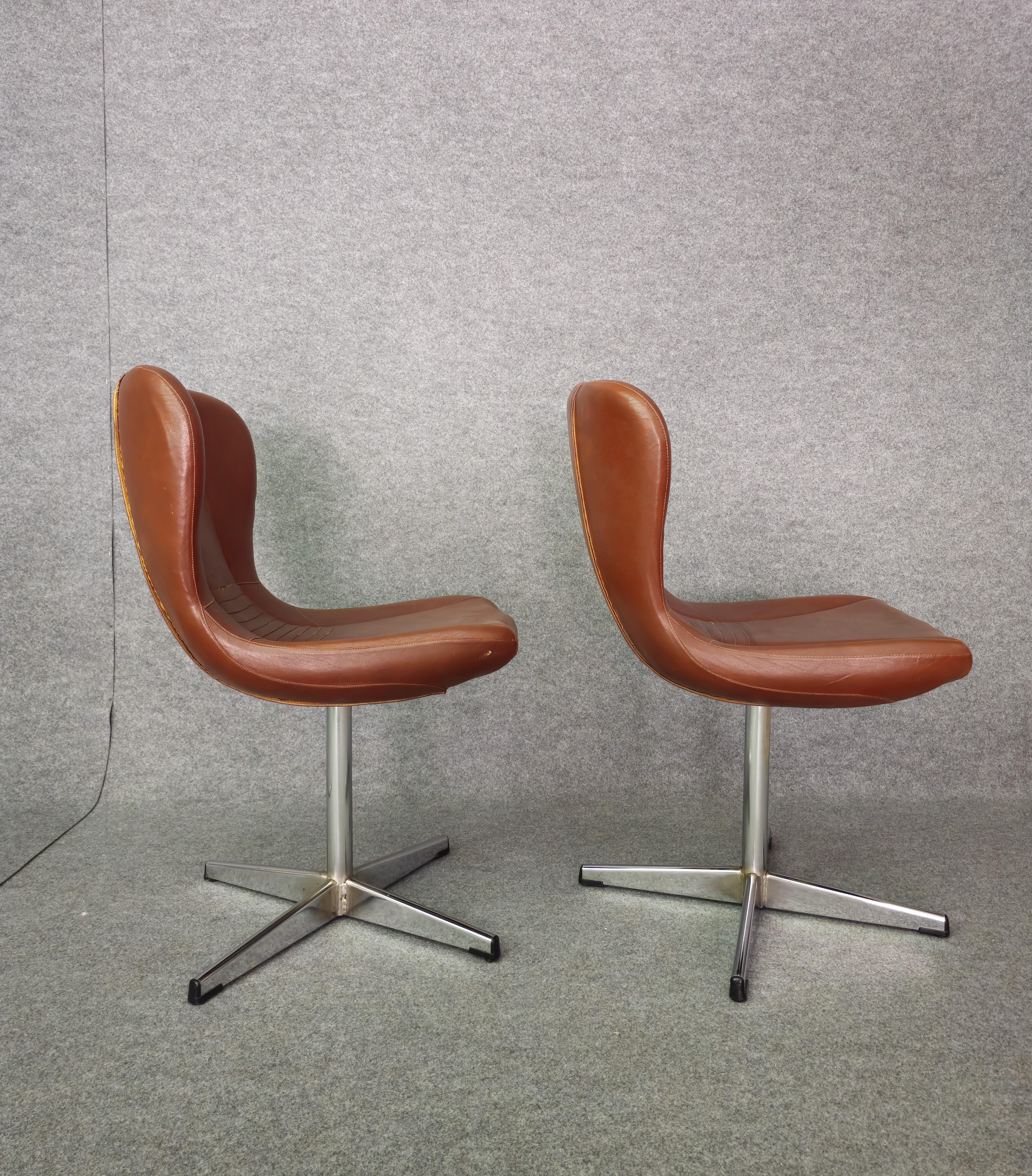 Armchairs Chairs Swivel Leather Metal Wood Midcentury Modern Italy 1960 Set of 2 For Sale 2