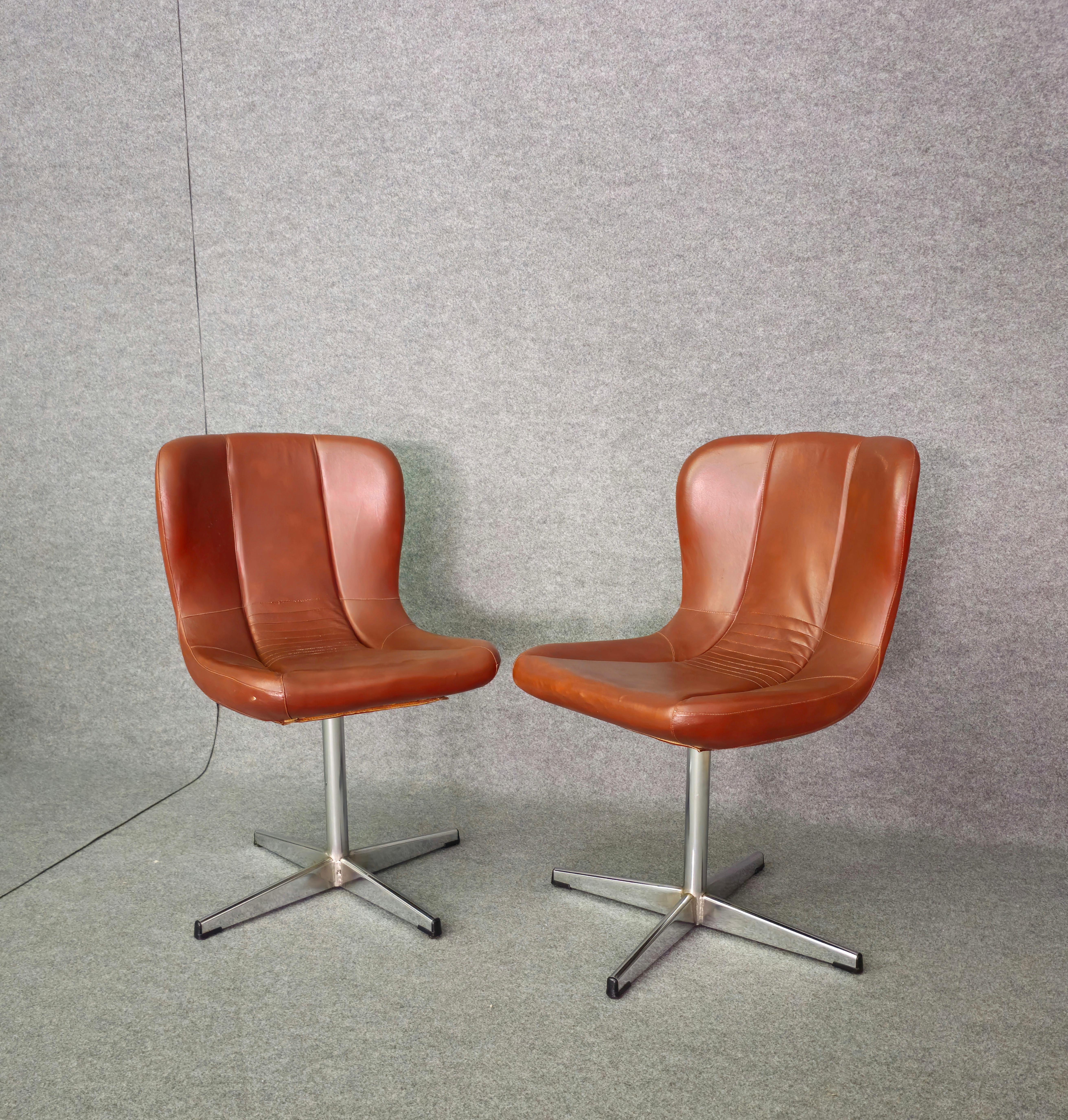 Armchairs Chairs Swivel Leather Metal Wood Midcentury Modern Italy 1960 Set of 2 For Sale 3