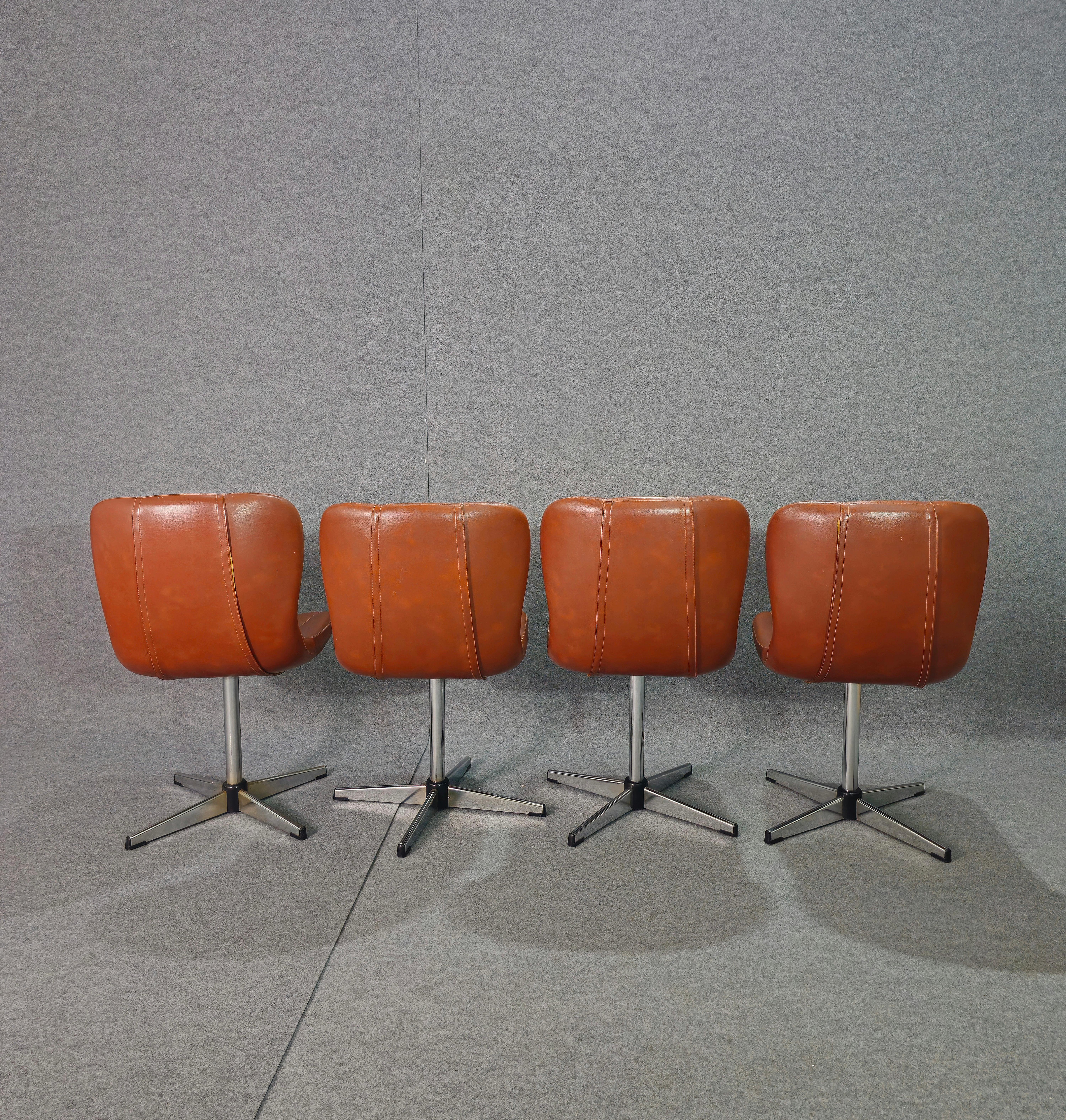 Armchairs Chairs Swivel Leather Metal Wood Midcentury Modern Italy 1960 Set of 4 6