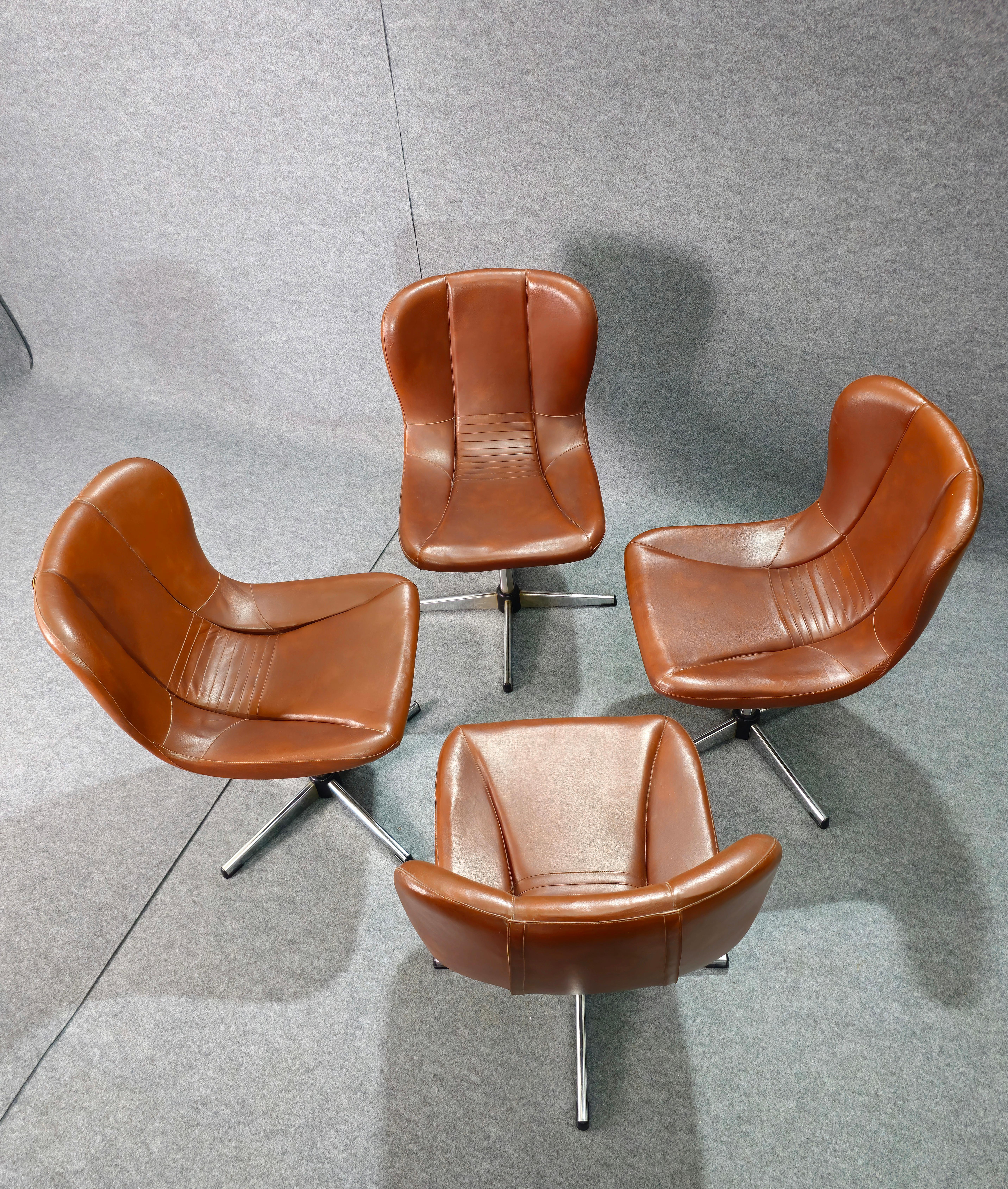 20th Century Armchairs Chairs Swivel Leather Metal Wood Midcentury Modern Italy 1960 Set of 4