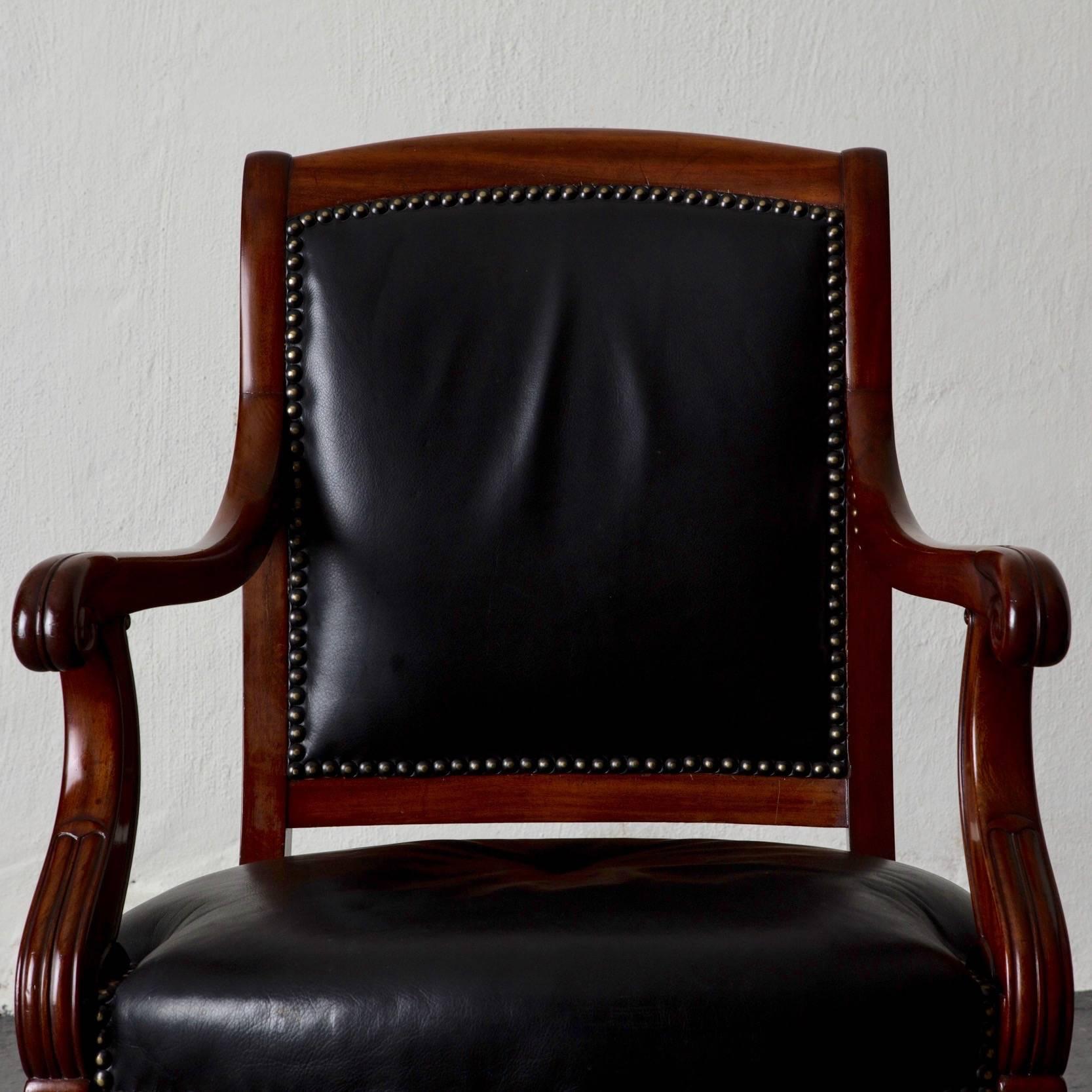 Armchairs French Empire Mahogany Brown Black Leather Upholstery France In Good Condition In New York, NY