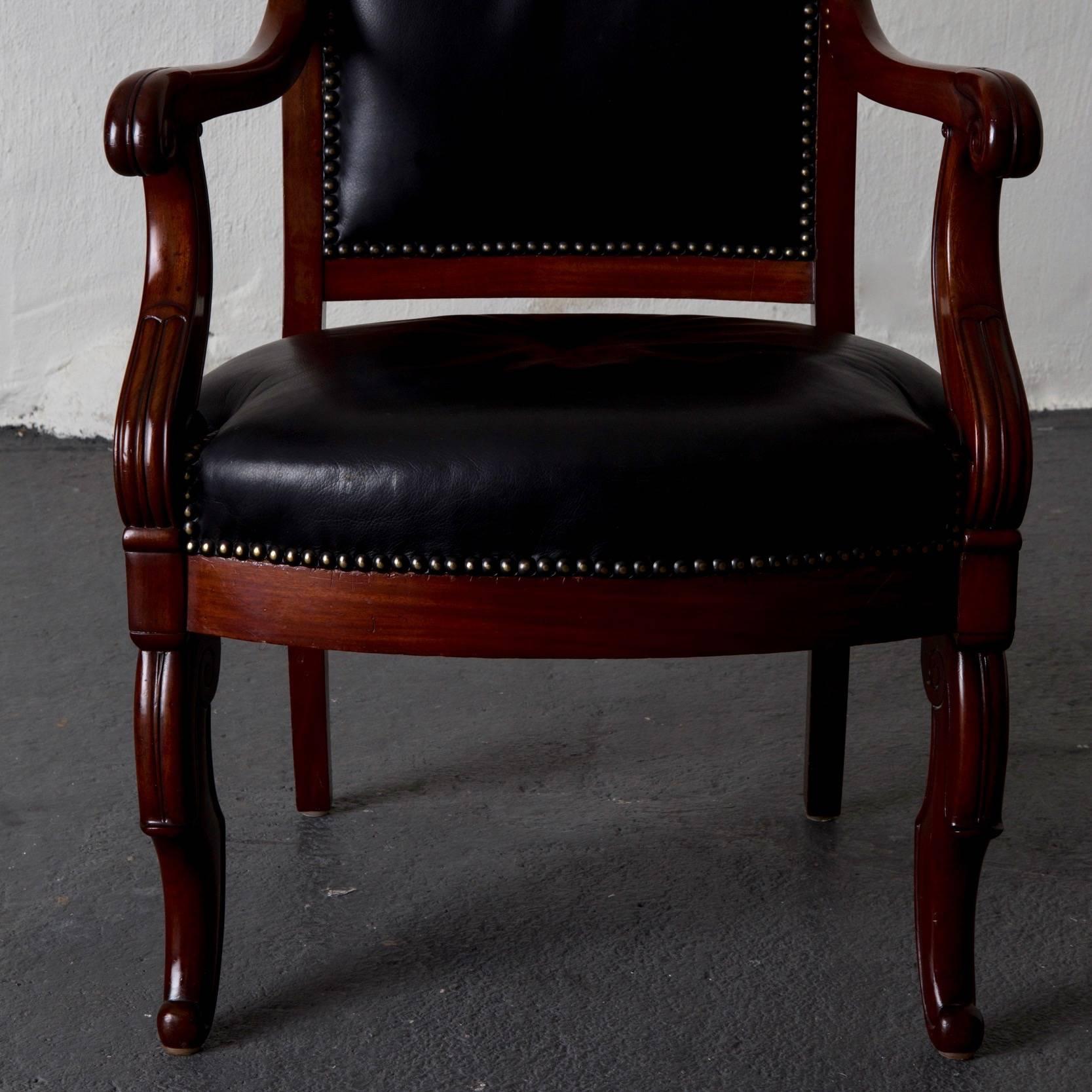 Armchairs French Empire Mahogany Brown Black Leather Upholstery France 1