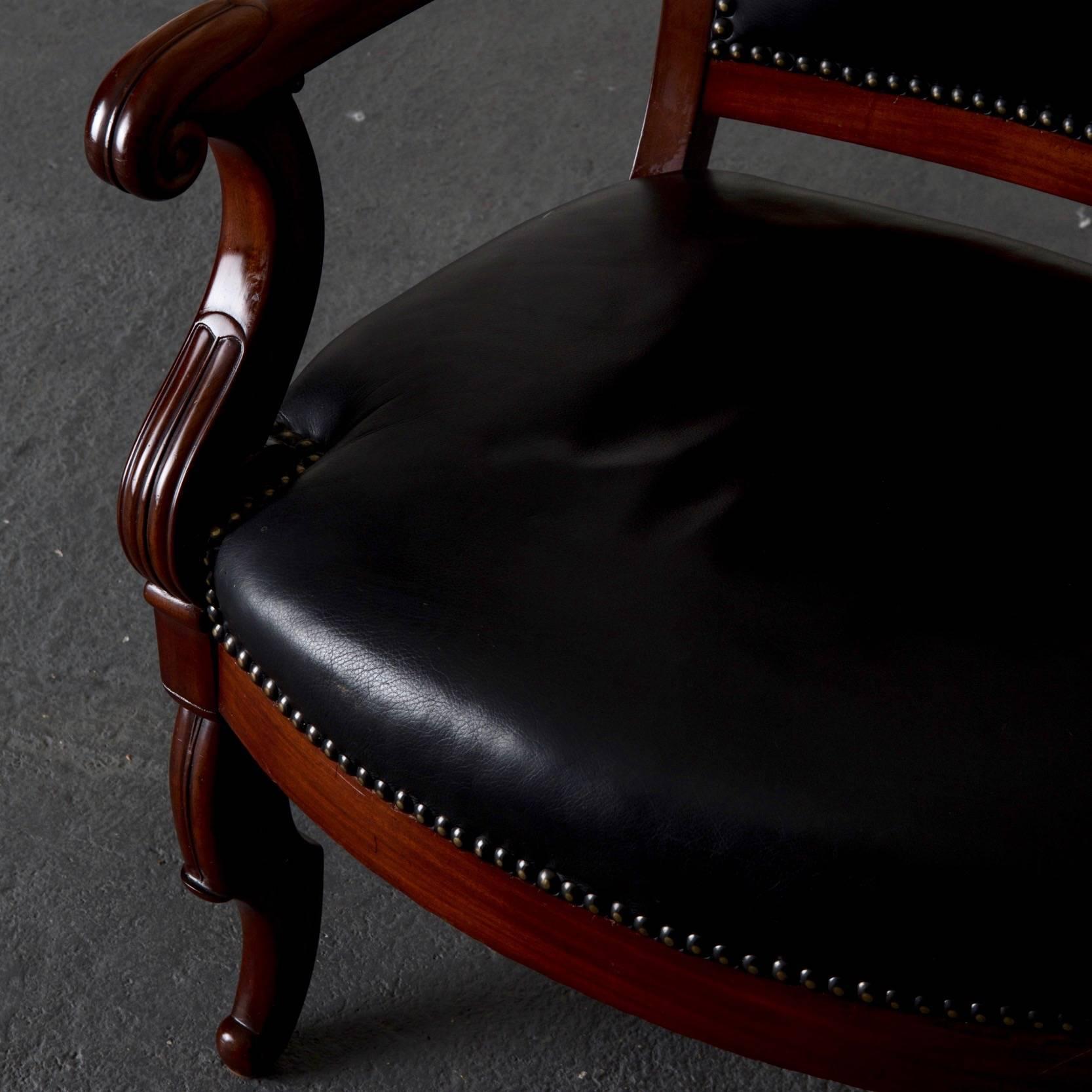 Armchairs French Empire Mahogany Brown Black Leather Upholstery France 2