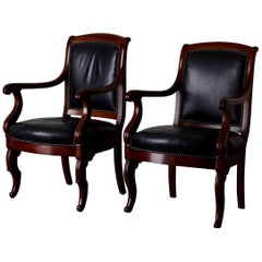 Antique Armchairs French Empire Mahogany Brown Black Leather Upholstery France