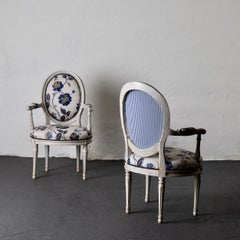 Armchairs French Louise XVI Period White and Blue Floral Fabric French