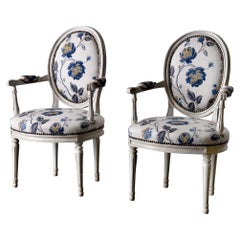Armchairs French Louise XVI Period White and Blue Floral Fabric French