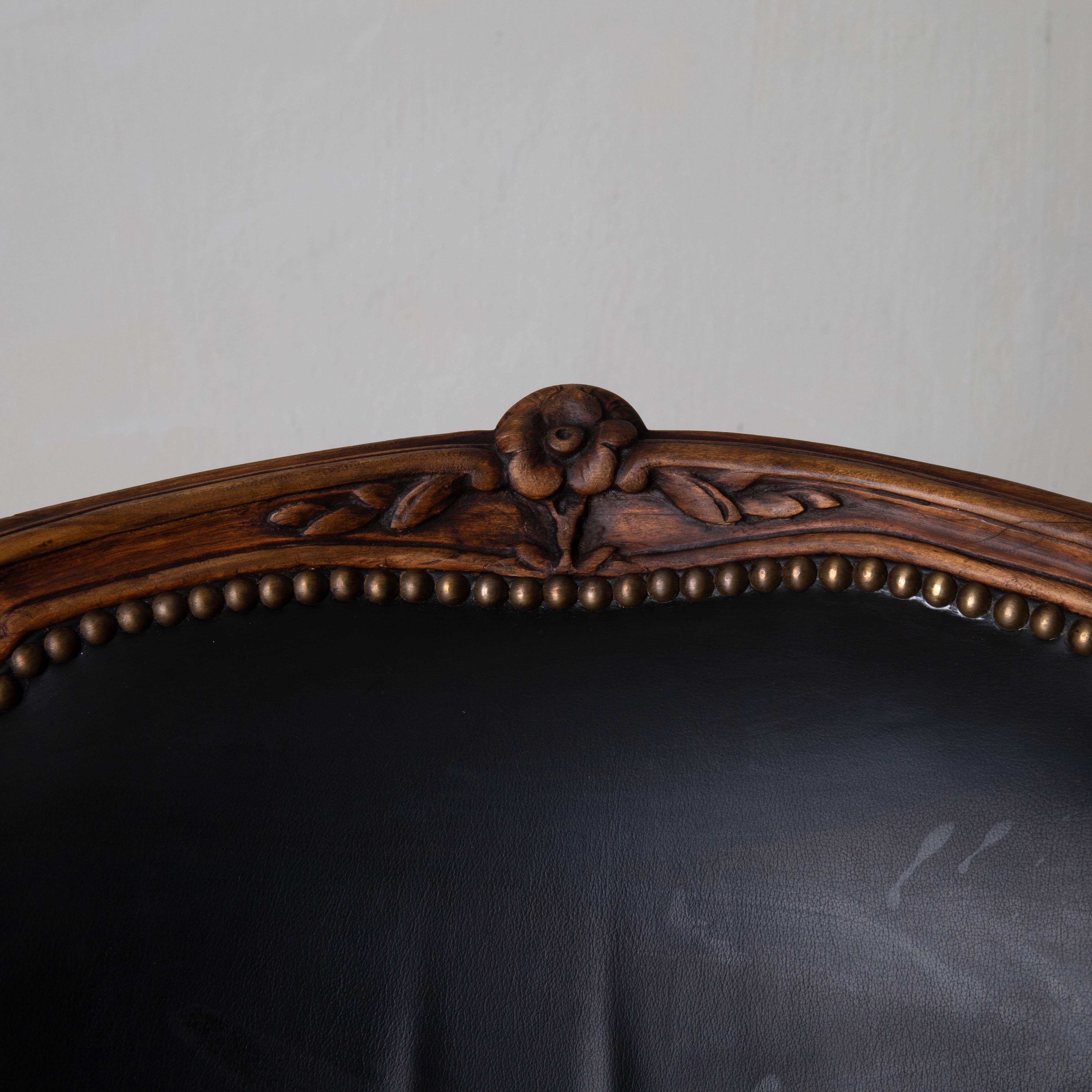 Armchairs French Rococo Period 18th Century Brown Frame Black Leather France For Sale 13