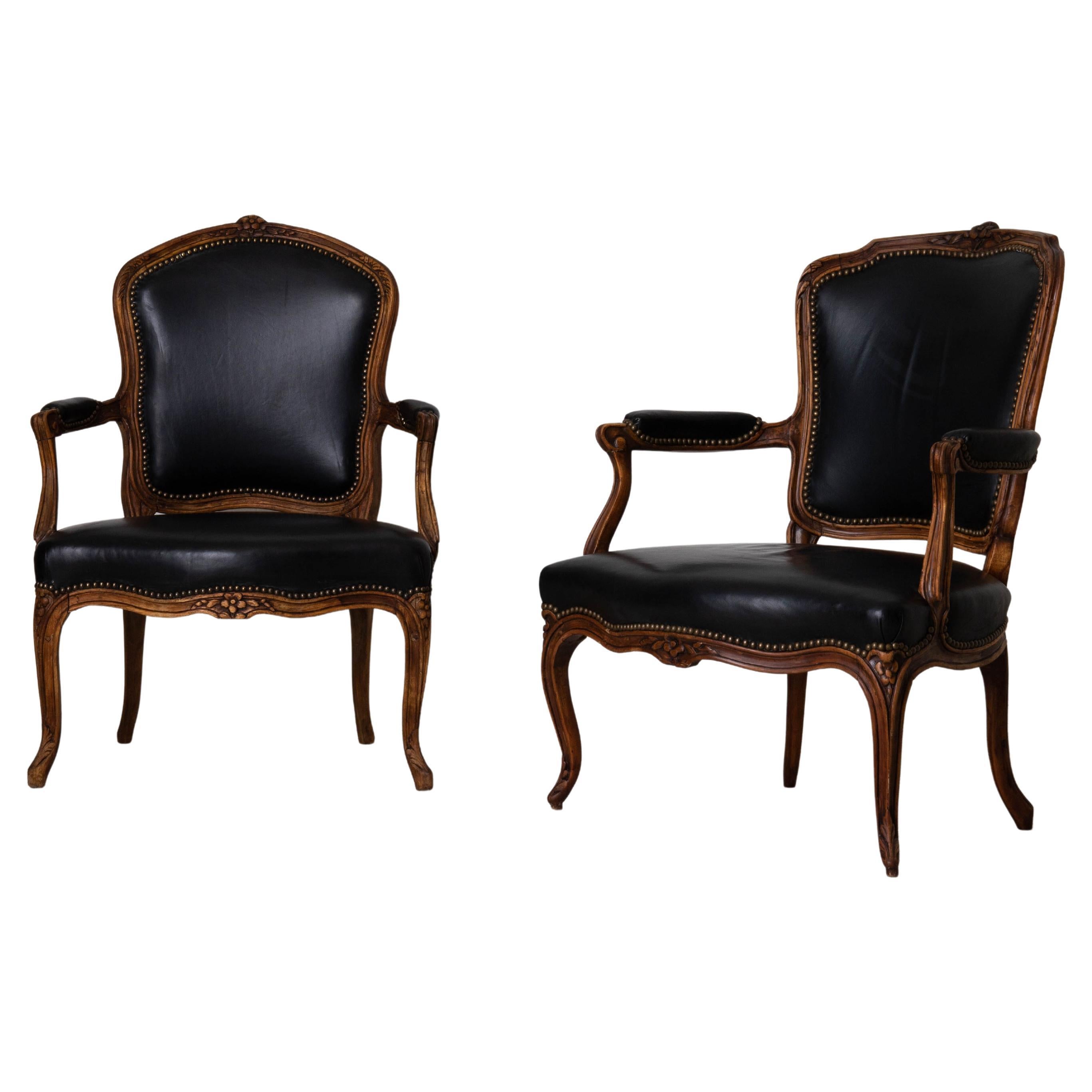 Armchairs French Rococo Period 18th Century Brown Frame Black Leather France