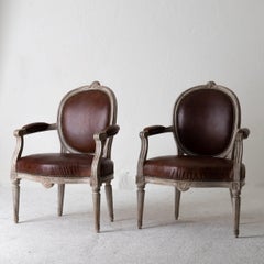 Armchairs Gustavian 1780-1800 Swedish Gray Frame Brown Leather Sweden