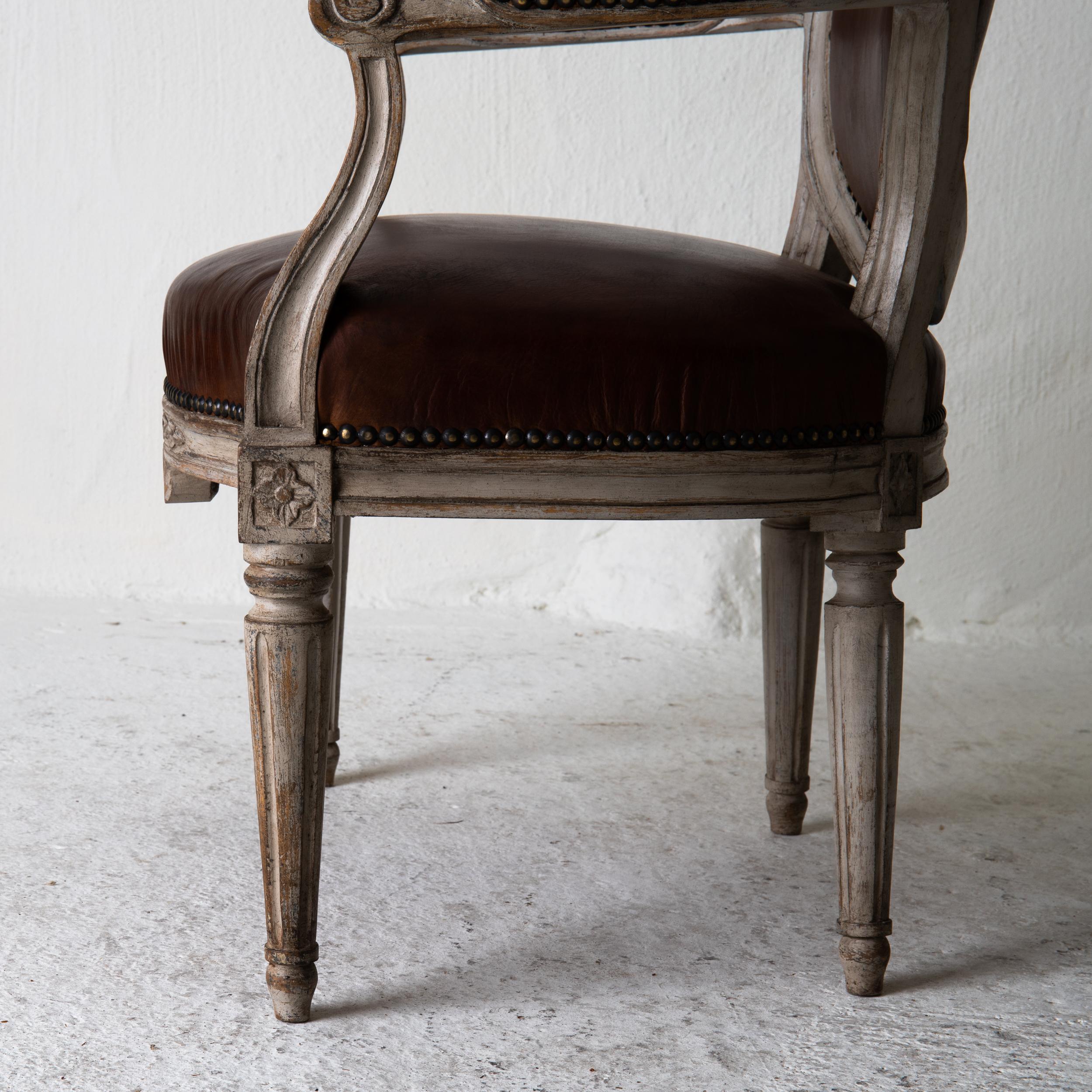 18th Century Armchairs Gustavian 1780-1800 Swedish Gray Frame Brown Leather Sweden For Sale