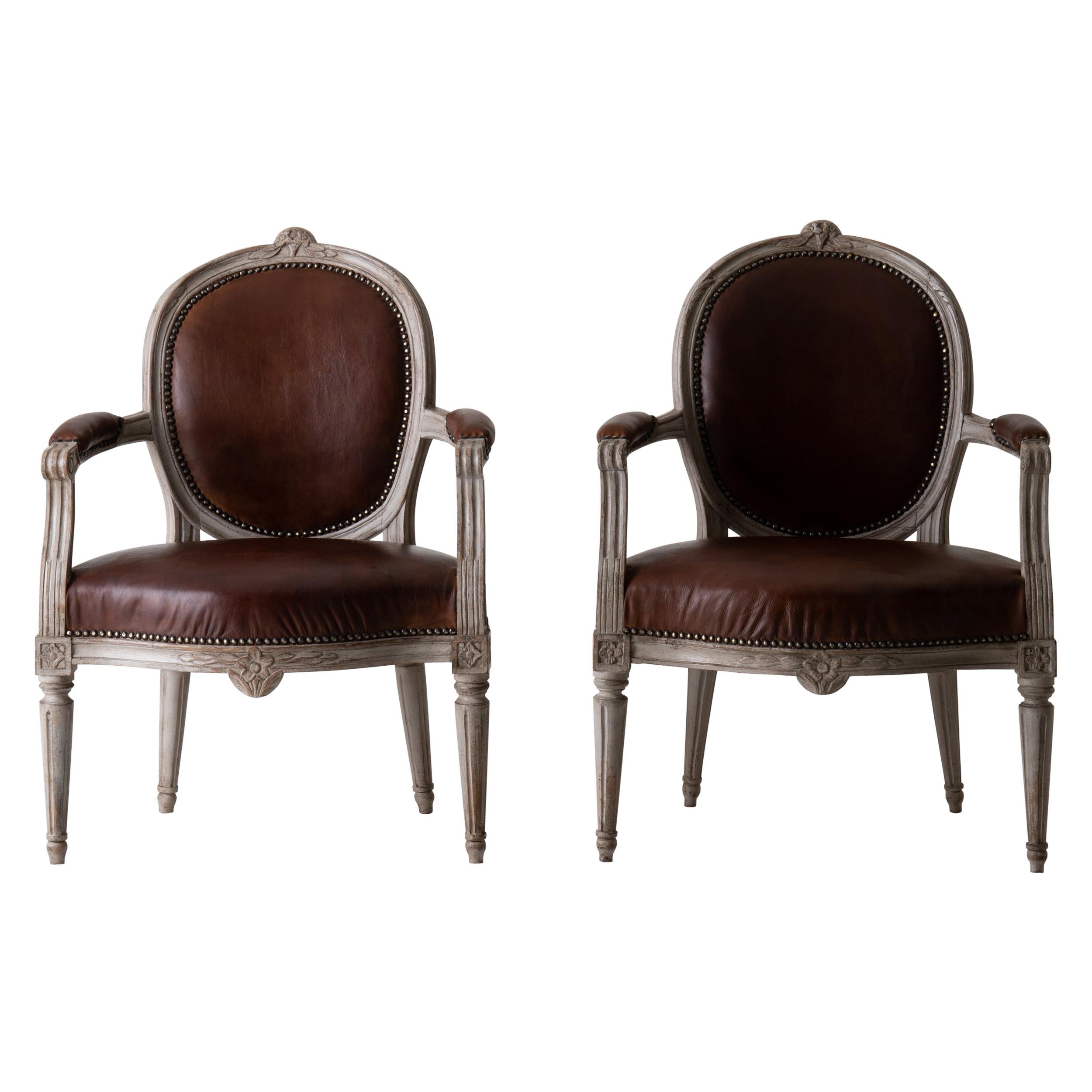 Armchairs Gustavian 1780-1800 Swedish Gray Frame Brown Leather Sweden