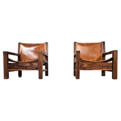 Armchairs in cognag leather and olive wood, France, 1970s
