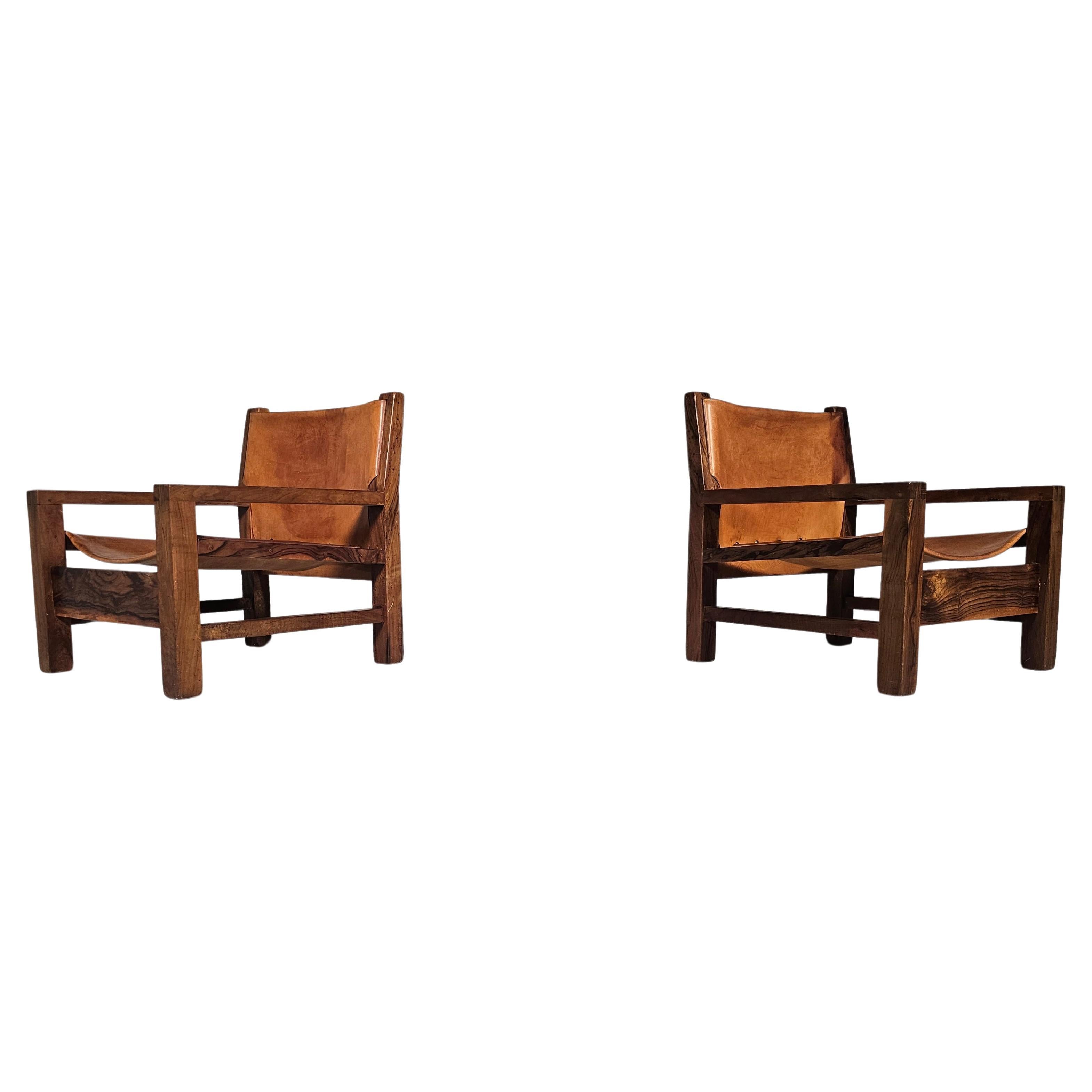 European Armchairs in cognag leather and olive wood, France, 1970s For Sale