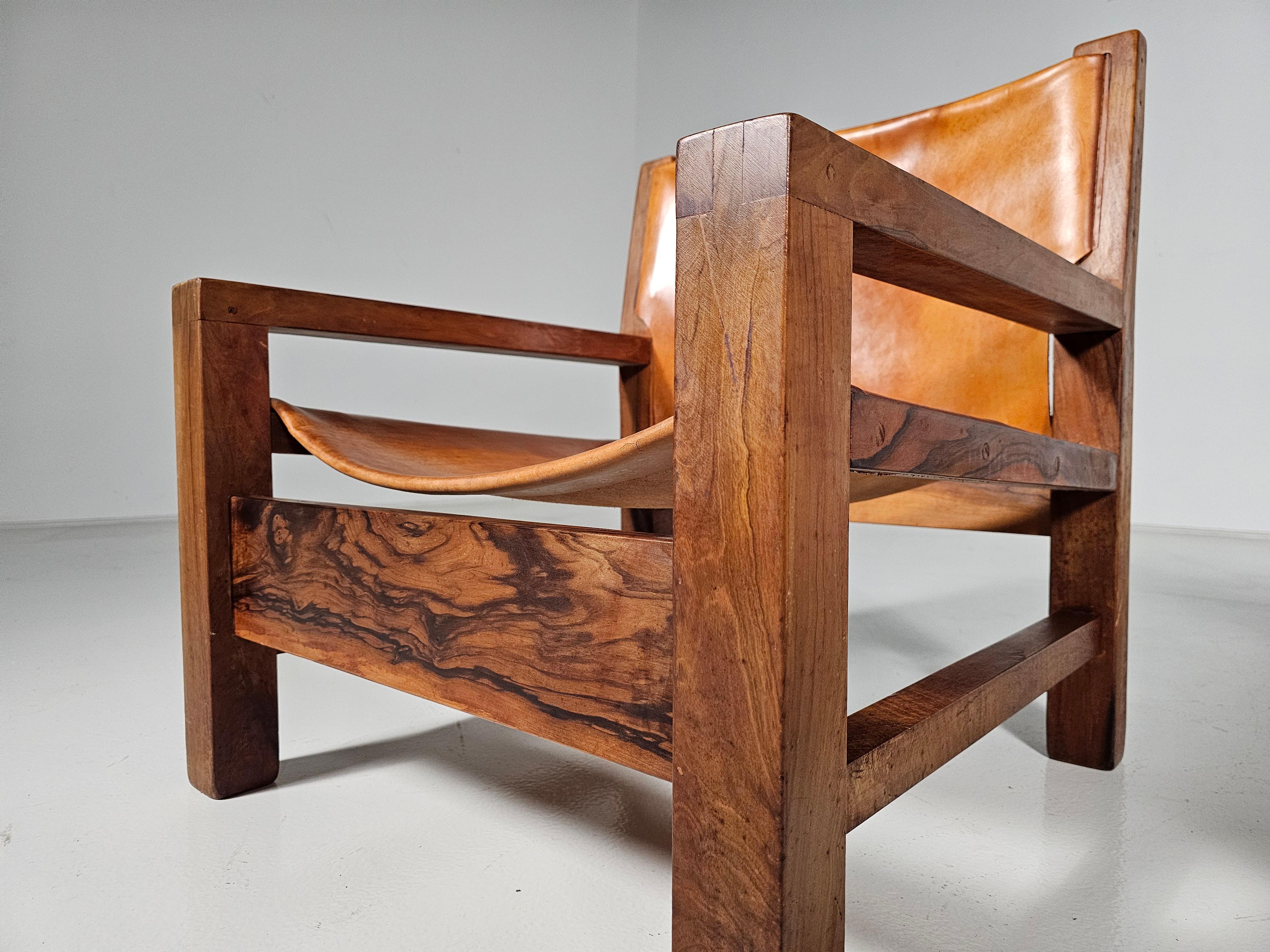 Armchairs in cognag leather and olive wood, France, 1970s For Sale 1