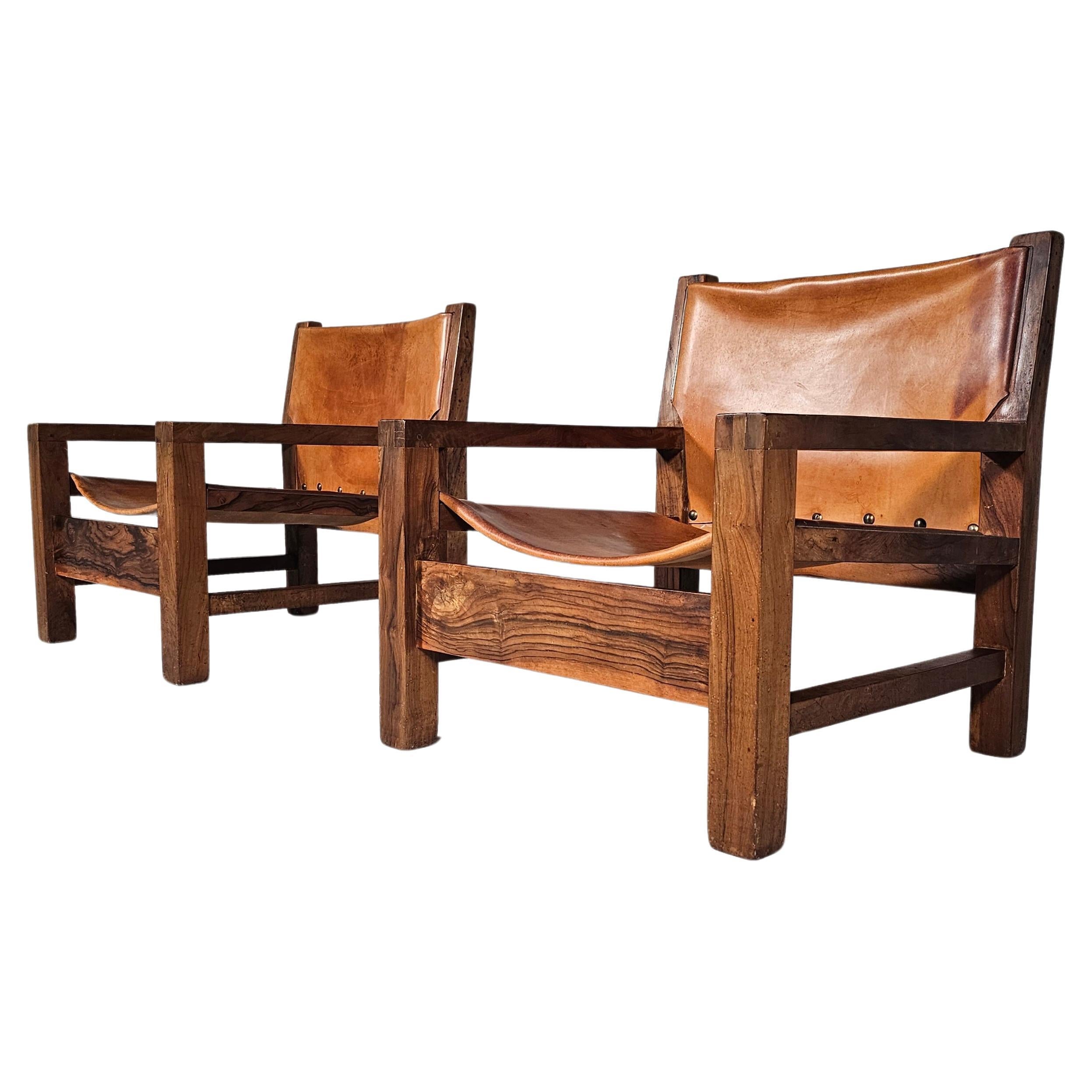 Armchairs in cognag leather and olive wood, France, 1970s For Sale