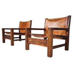 Armchairs in cognag leather and olive wood, France, 1970s