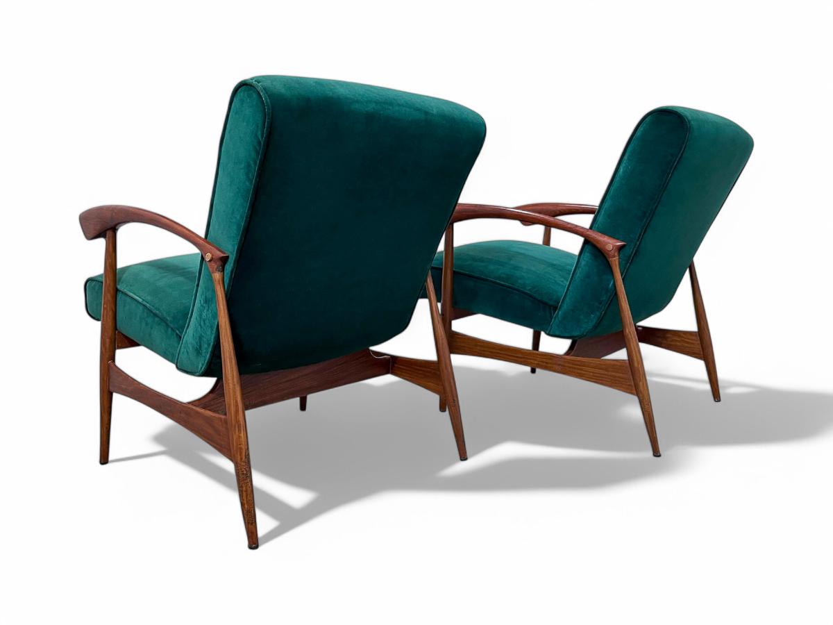 Woodwork Brazilian Modern Armchairs in Hardwood & Green Velvet, Liceu De Artes, c. 1960s For Sale