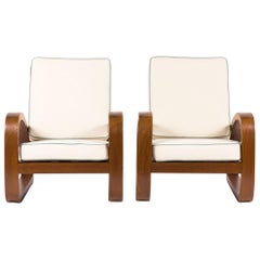 Armchairs in Mahogany and Beige Linen Fabric Colonial Style, 1950, Set of Two