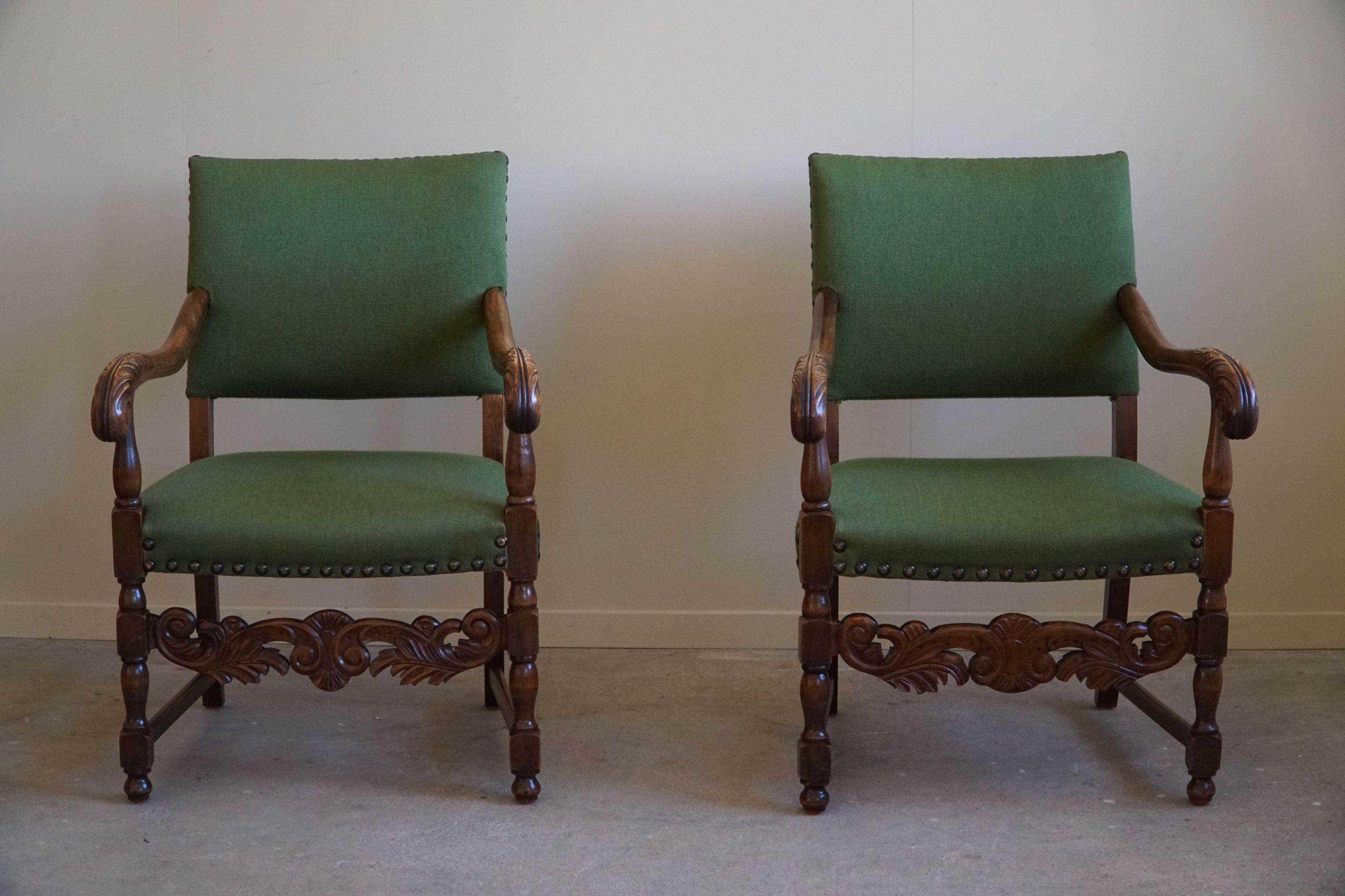 Armchairs in Oak & Wool, Louis XIII Style, By a French Cabinetmaker in the 1930s For Sale 4