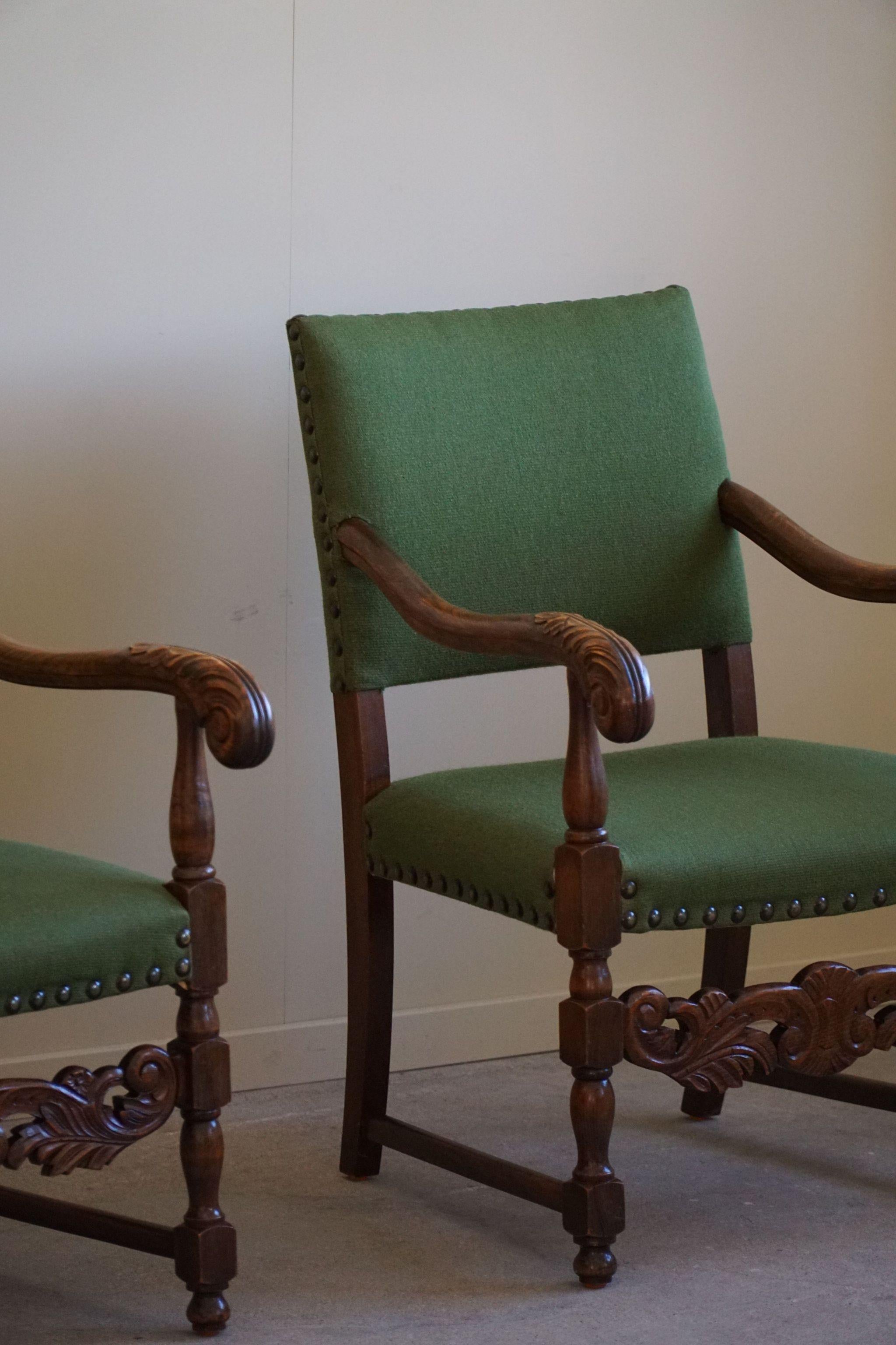 Armchairs in Oak & Wool, Louis XIII Style, By a French Cabinetmaker in the 1930s For Sale 6