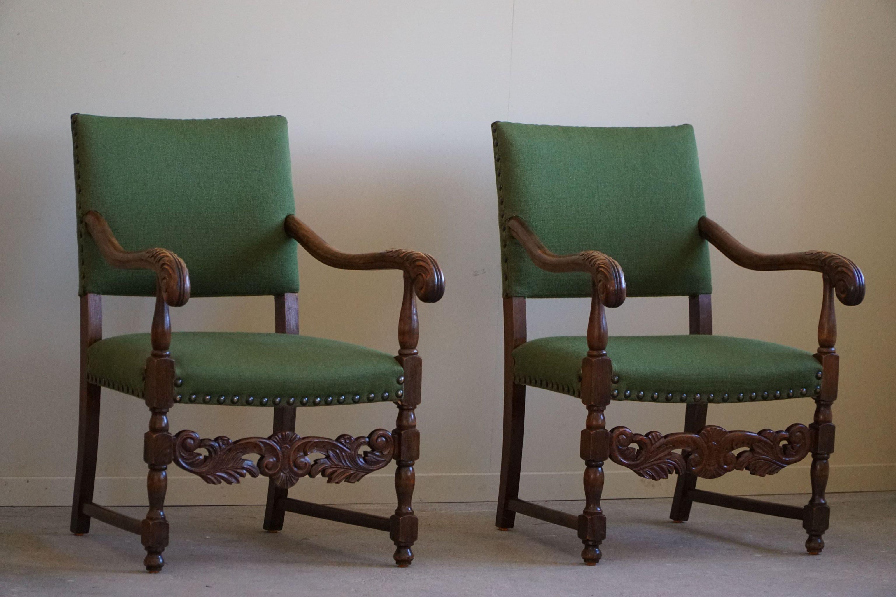 Armchairs in Oak & Wool, Louis XIII Style, By a French Cabinetmaker in the 1930s For Sale 8