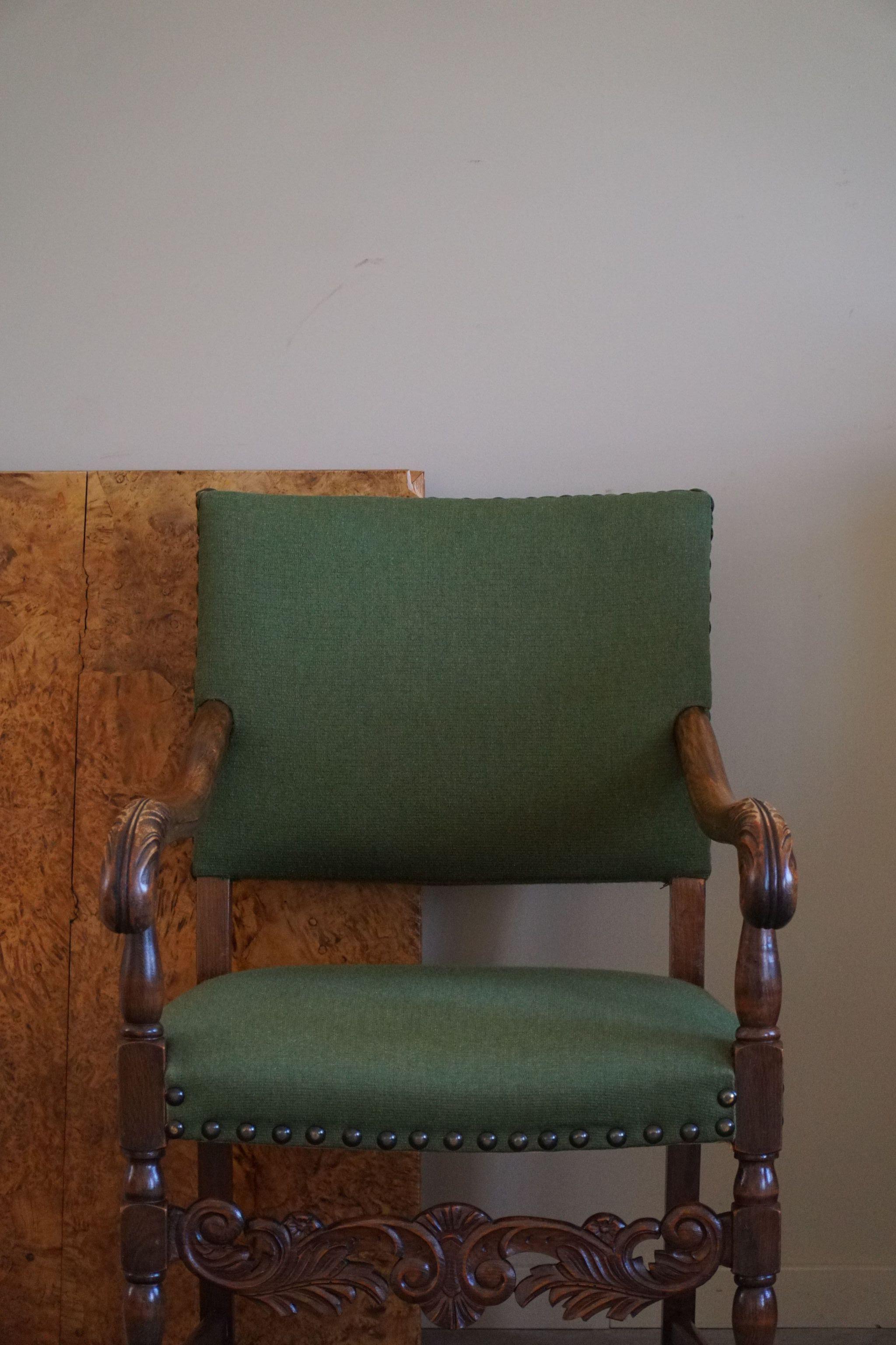 Fabric Armchairs in Oak & Wool, Louis XIII Style, By a French Cabinetmaker in the 1930s For Sale