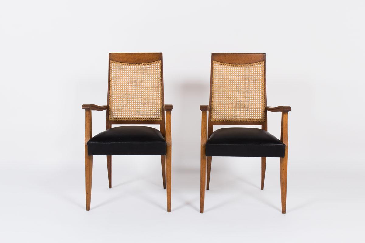 American Classical Armchairs in Solid Oak and Club Leather 1950 Set of 2 from France, Brown Colored