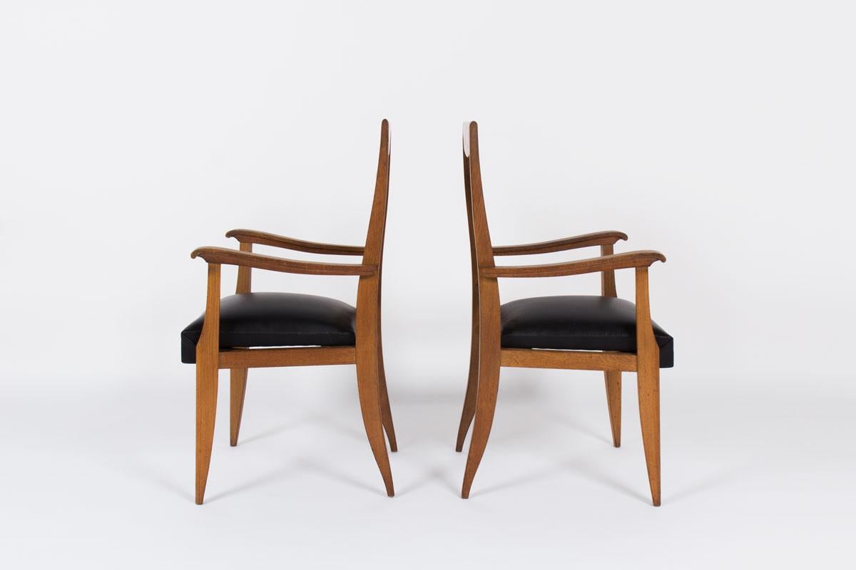 French Armchairs in Solid Oak and Club Leather 1950 Set of 2 from France, Brown Colored