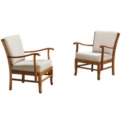 Armchairs in Solid Wood and Neutral Cushions