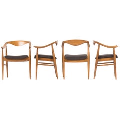 Armchairs in Tinted Beech and Black Linen Fabric Danish  Design 1950 Set of 4