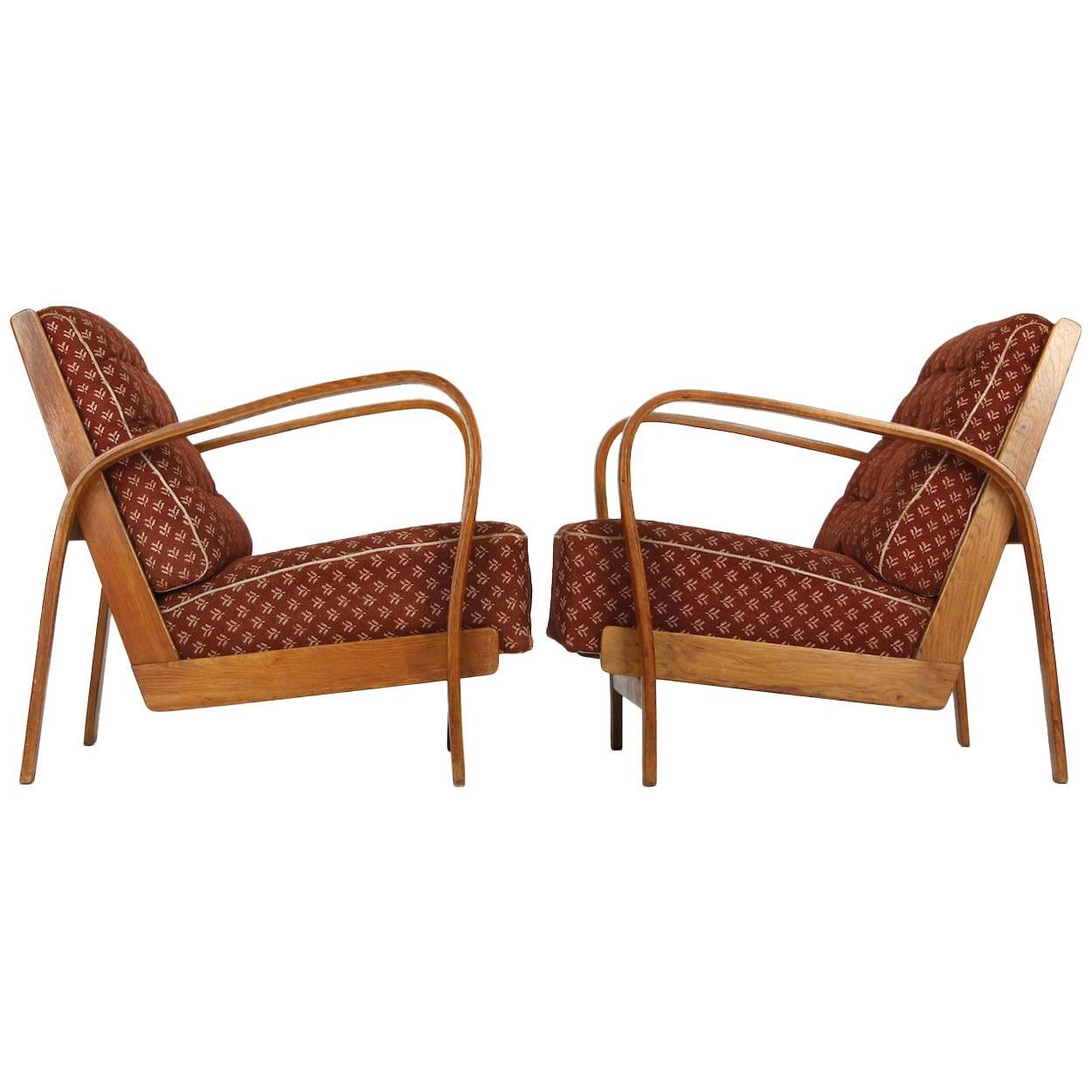 Armchairs in Wood and Fabric, Kropacek 
Kuzelka circa 1950 For Sale