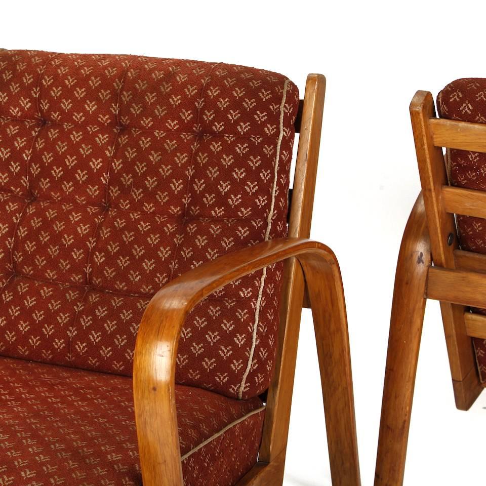 Bohemian Armchairs in Wood and Fabric, Kropacek & Kuzelka circa 1950 For Sale