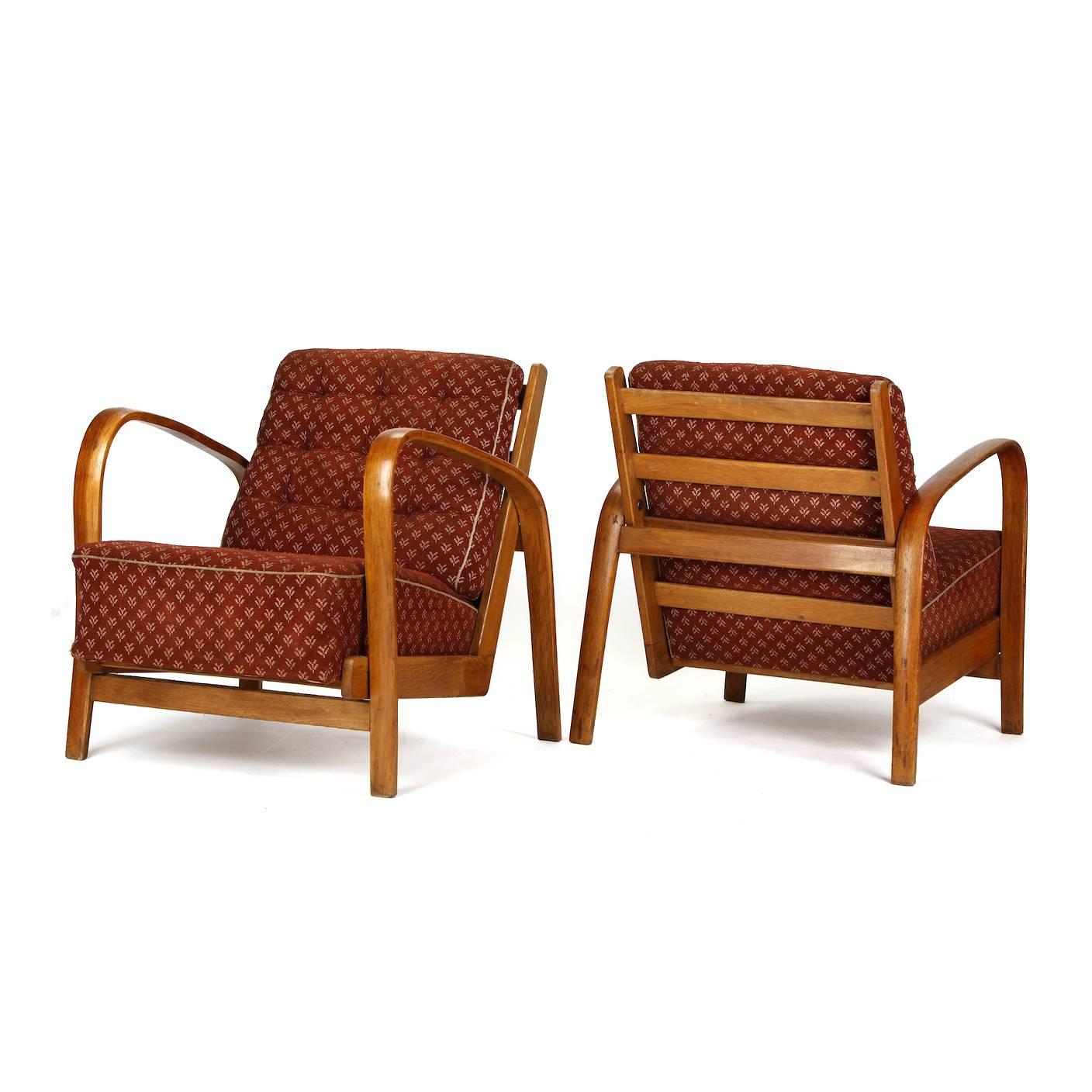 20th Century Armchairs in Wood and Fabric, Kropacek & Kuzelka circa 1950 For Sale