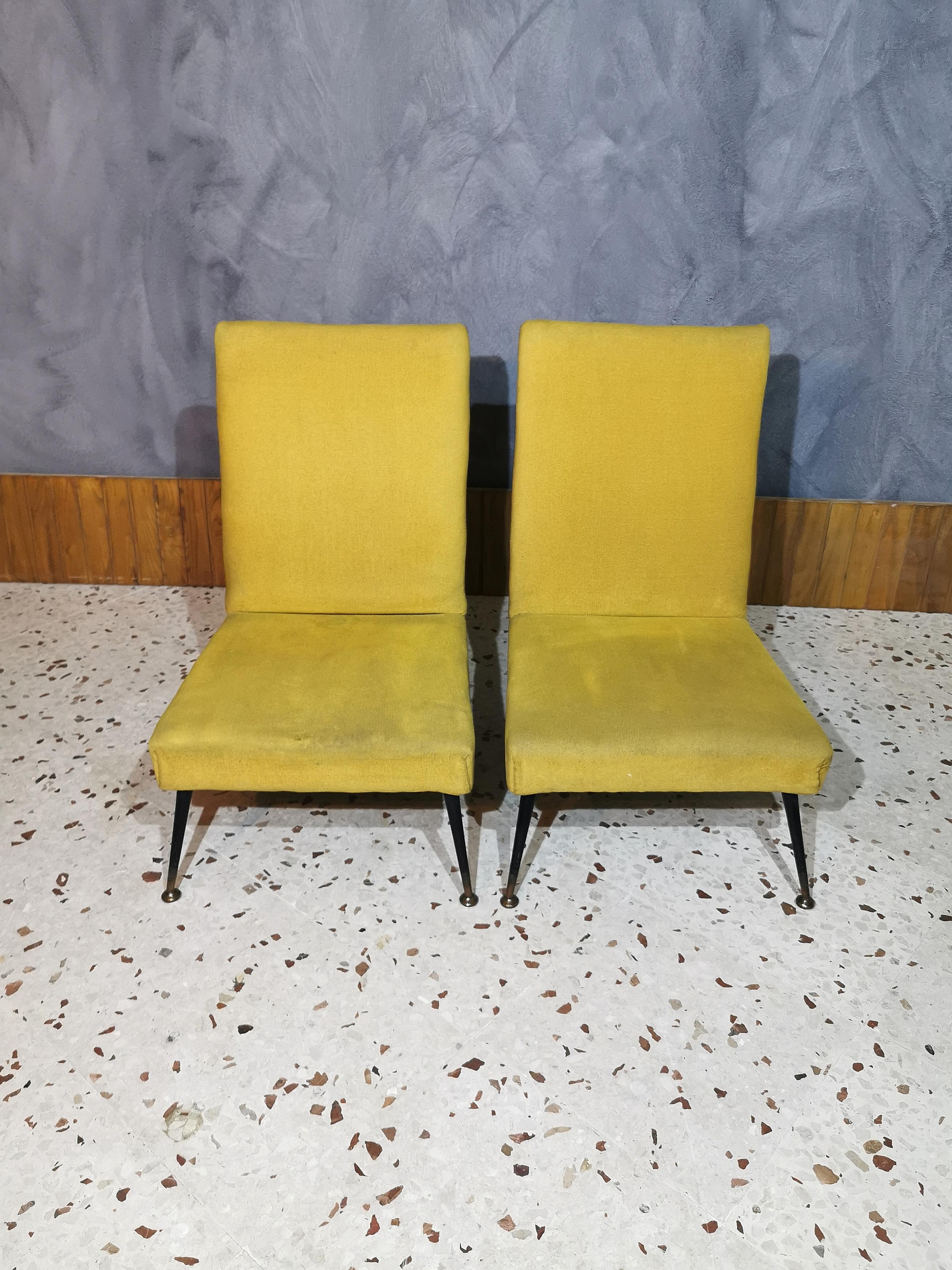 Midcentury armchairs in yellow striped velvet, with metal and brass feet, from the 1960s, Italian production.