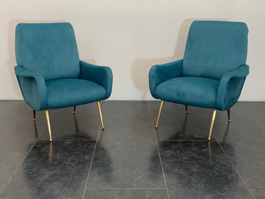 Armchairs Lady In the style of Marco Zanuso, 1950s, set of 2.
These armchairs have been designed on the style of Marco Zanuso.
Restored: new rigid padding, fabric replaced.
Packaging with bubble wrap and cardboard boxes is included. If the wooden