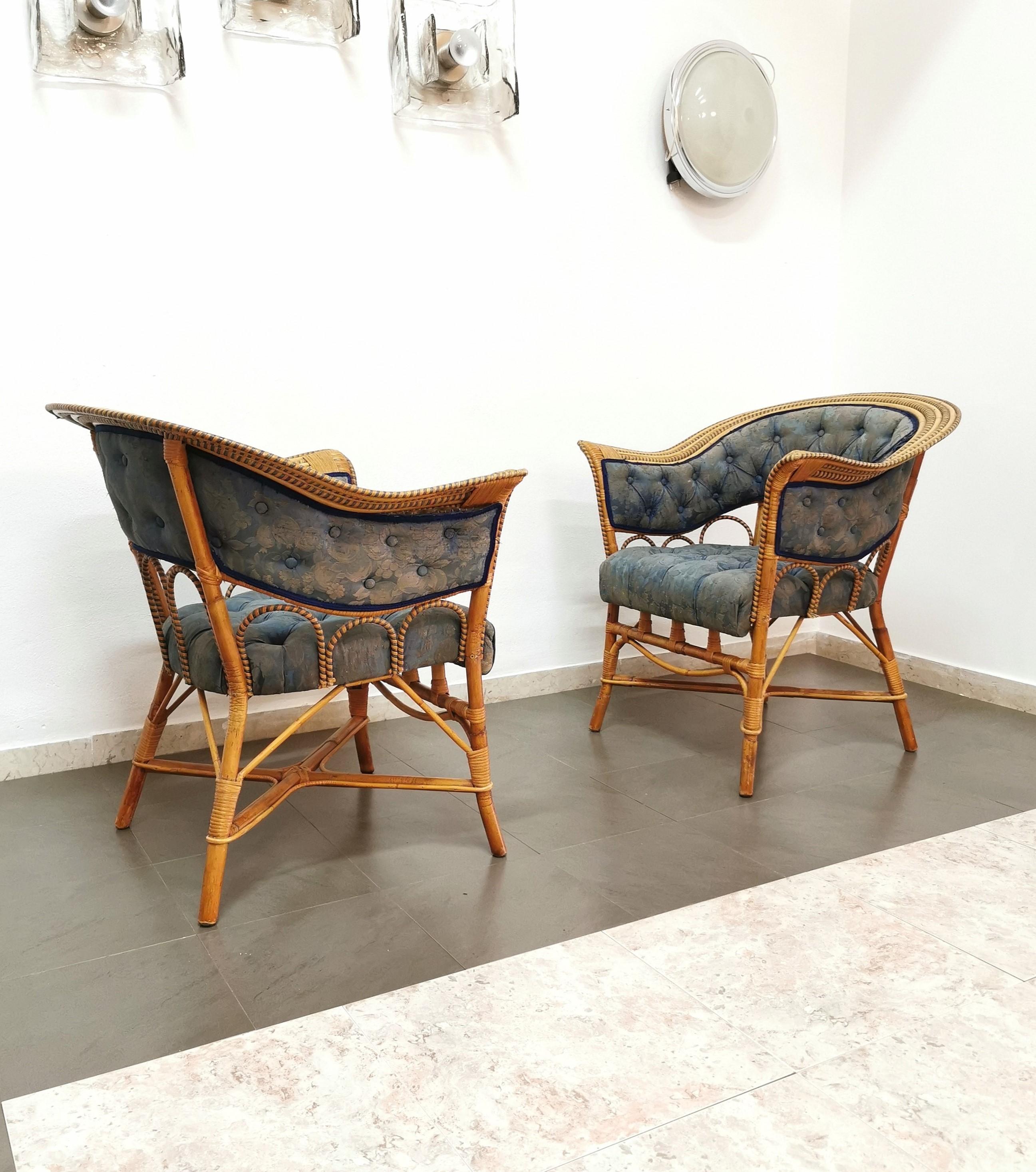 Armchairs Living Room Garden Rattan Bamboo Fabric Midcentury Italy 1970 Set of 2 In Fair Condition In Palermo, IT