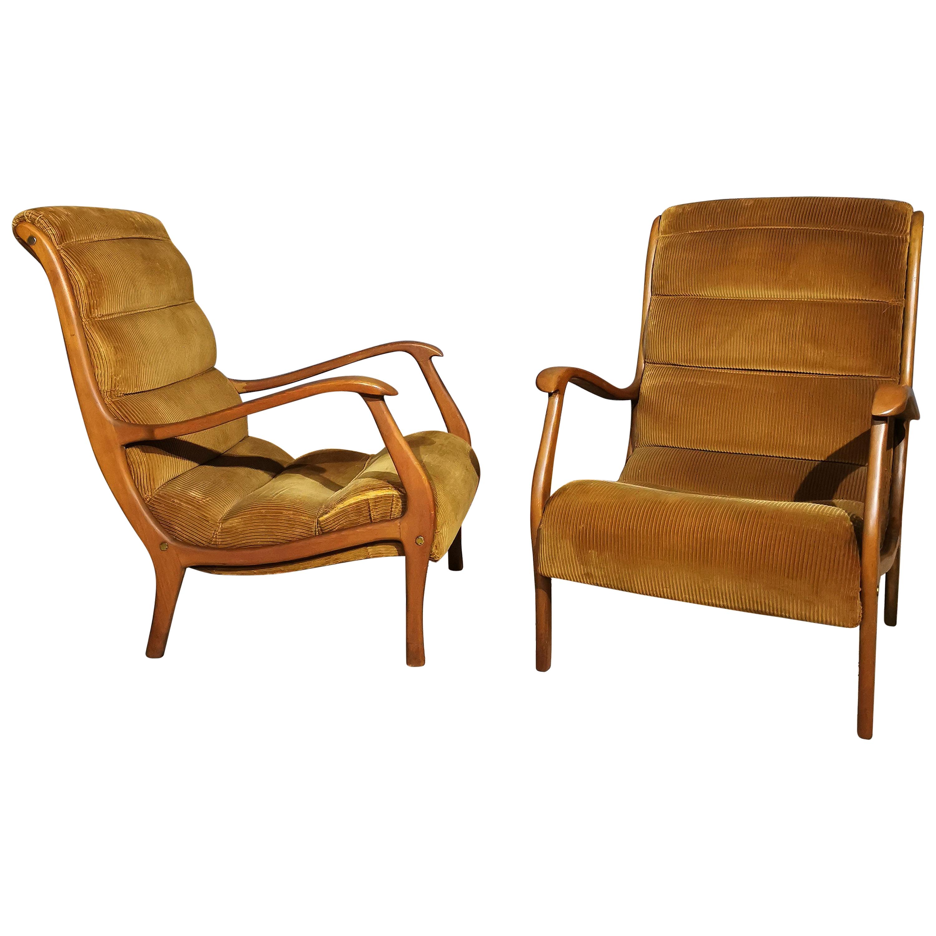 Armchairs Midcentury by Ezio Loghi for Elam, Velvet and Wood, Italy
