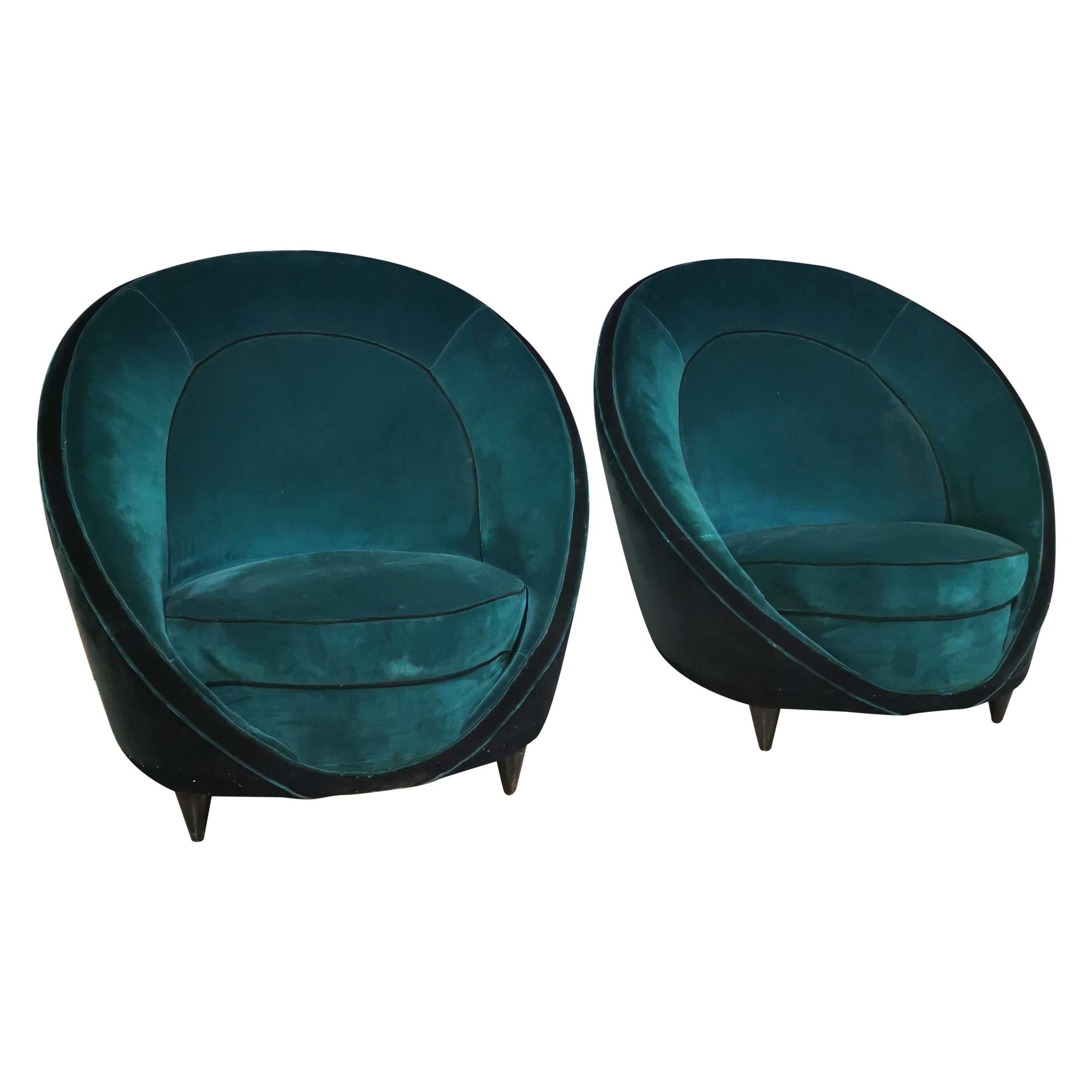 Armchairs Midcentury by Gio Ponti, in Velvet Green Emerald, 1950s, Italia