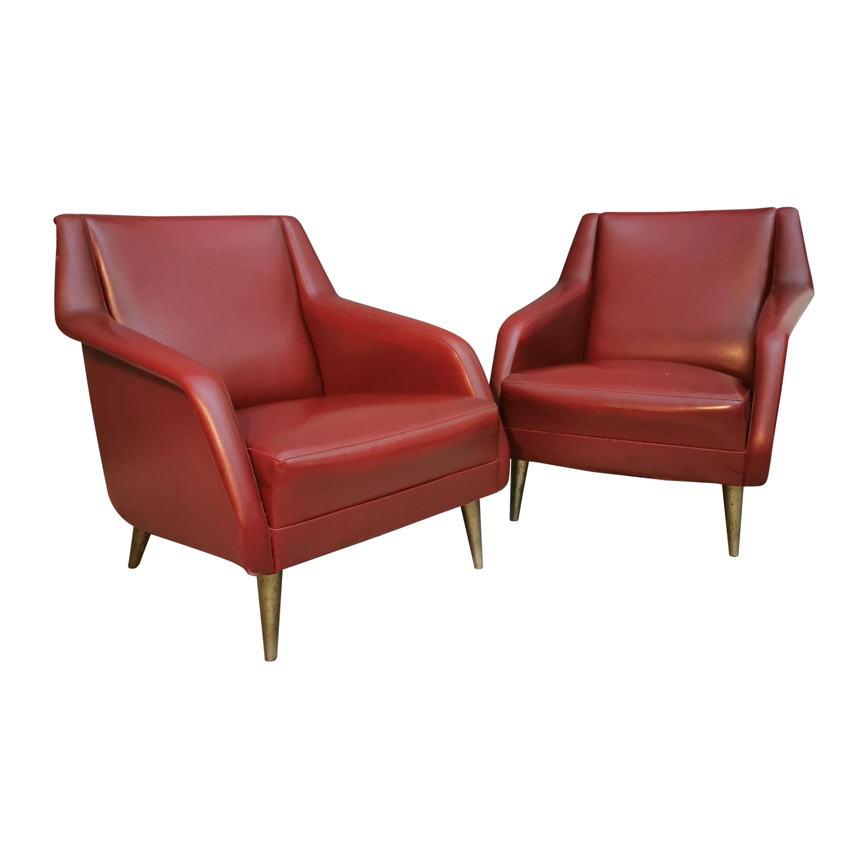 Mid Century Armchairs by Carlo de Carli in Red Eco-Leather, 1950s, Italy