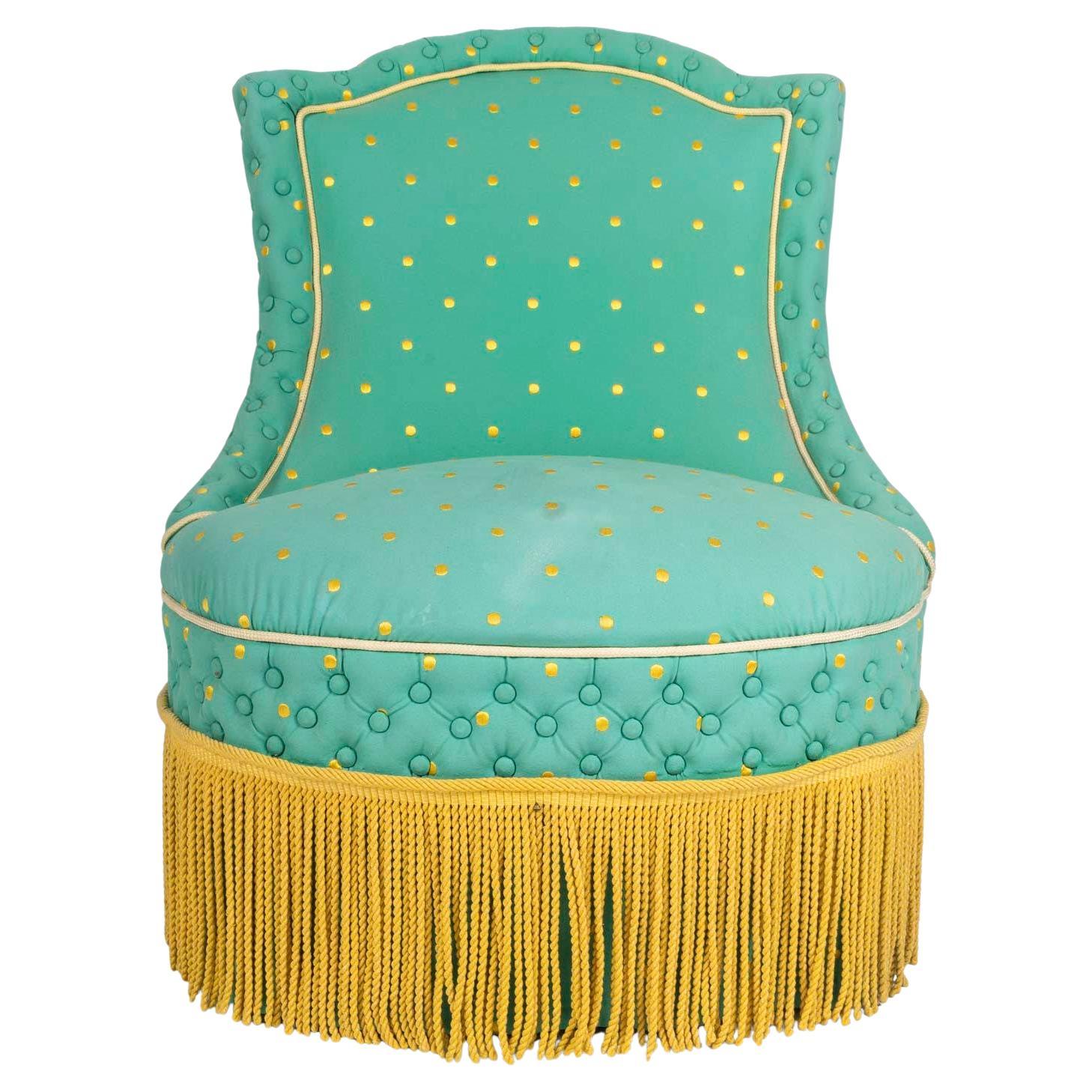 Armchairs, Napoleon III Period, 19th Century, Upholstered in Green and Gold.