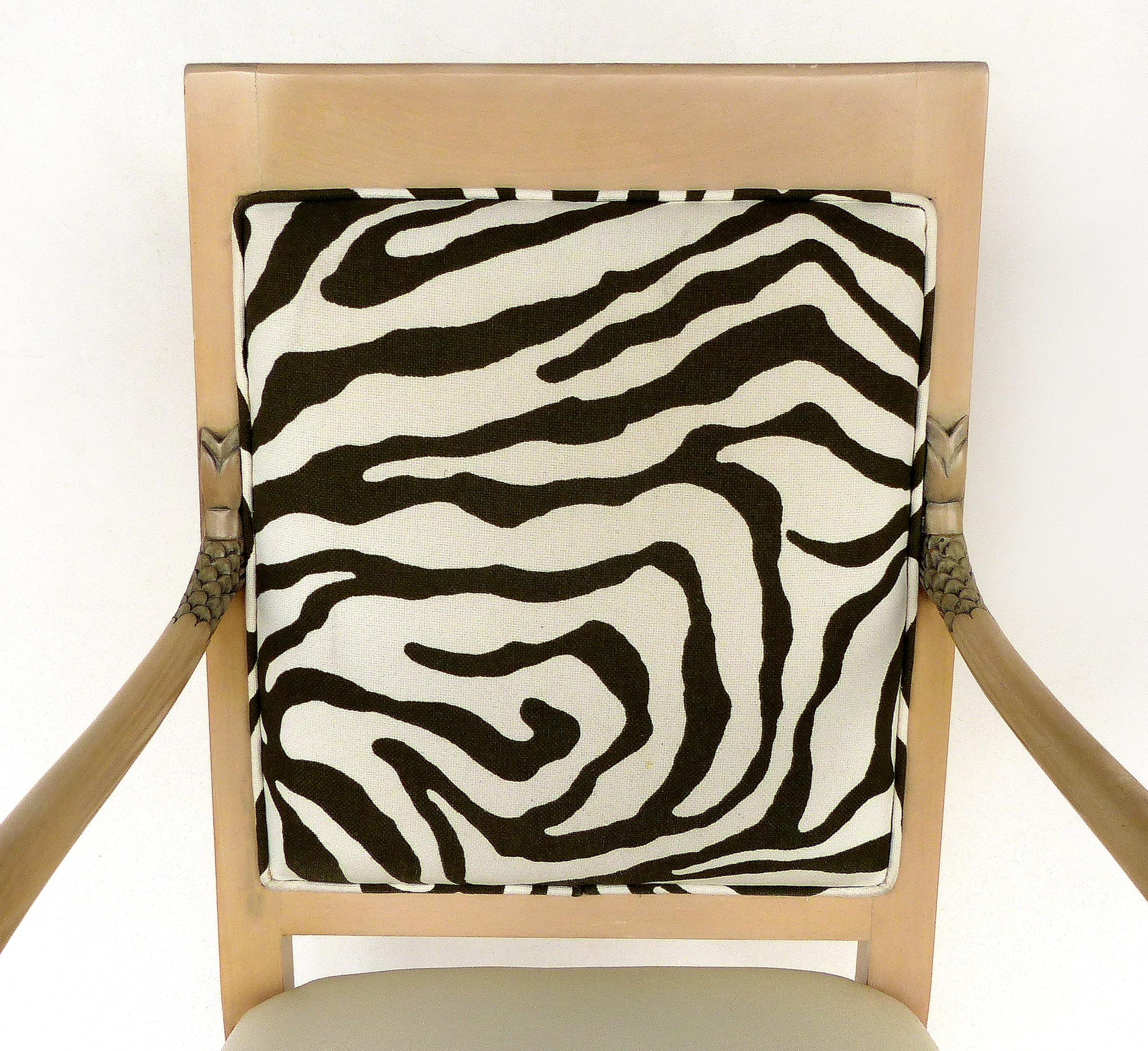 American Armchairs of Blond Wood with Zebra Print Upholstery and Dolphin Carved Arms