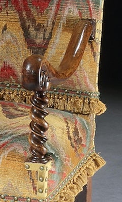 Armchairs, Pair, Flemish, 17th Century, Walnut, Upholstered, Bargello, Scrollarm