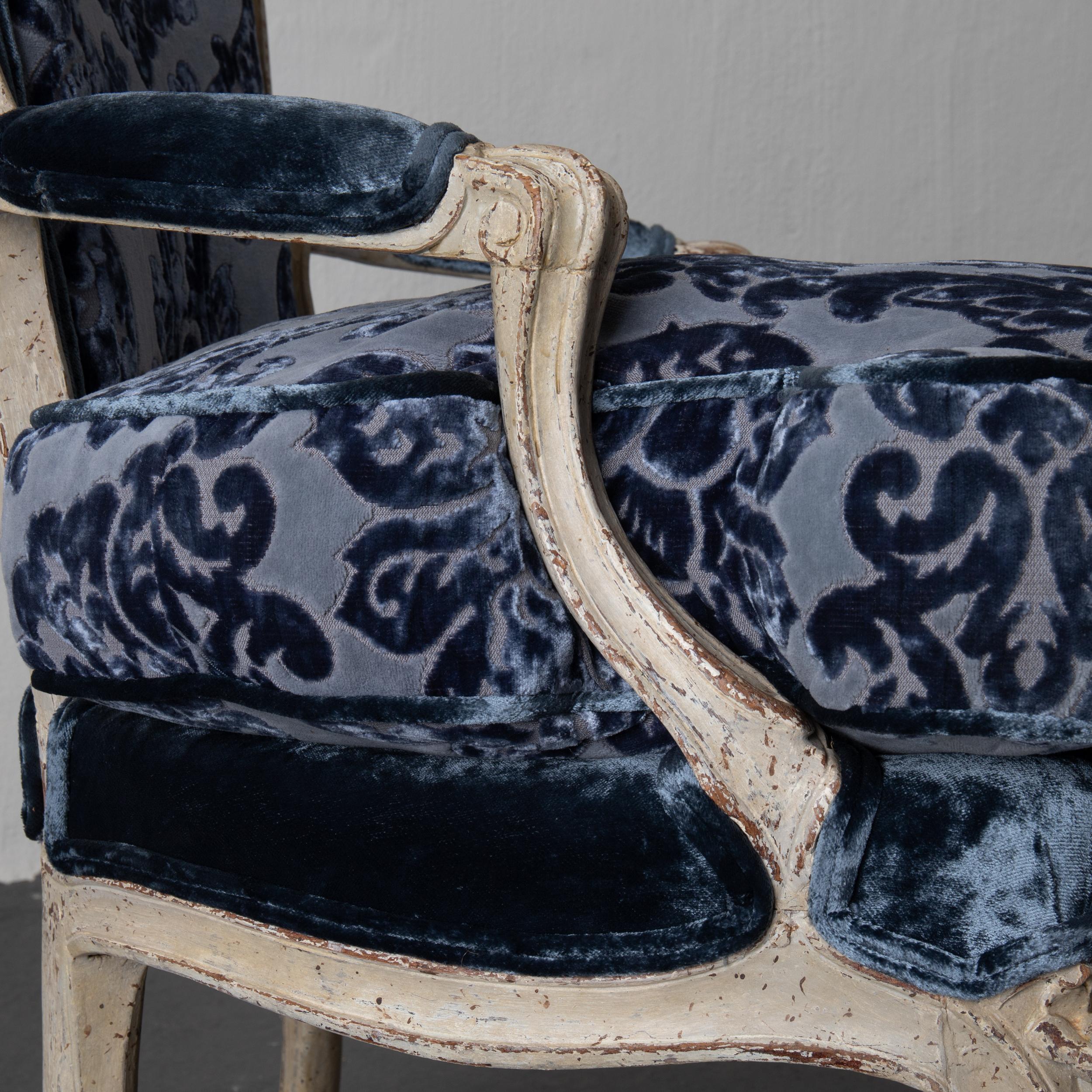 Pair of French Armchairs White Blue Louis XV Period Velvet, France 1