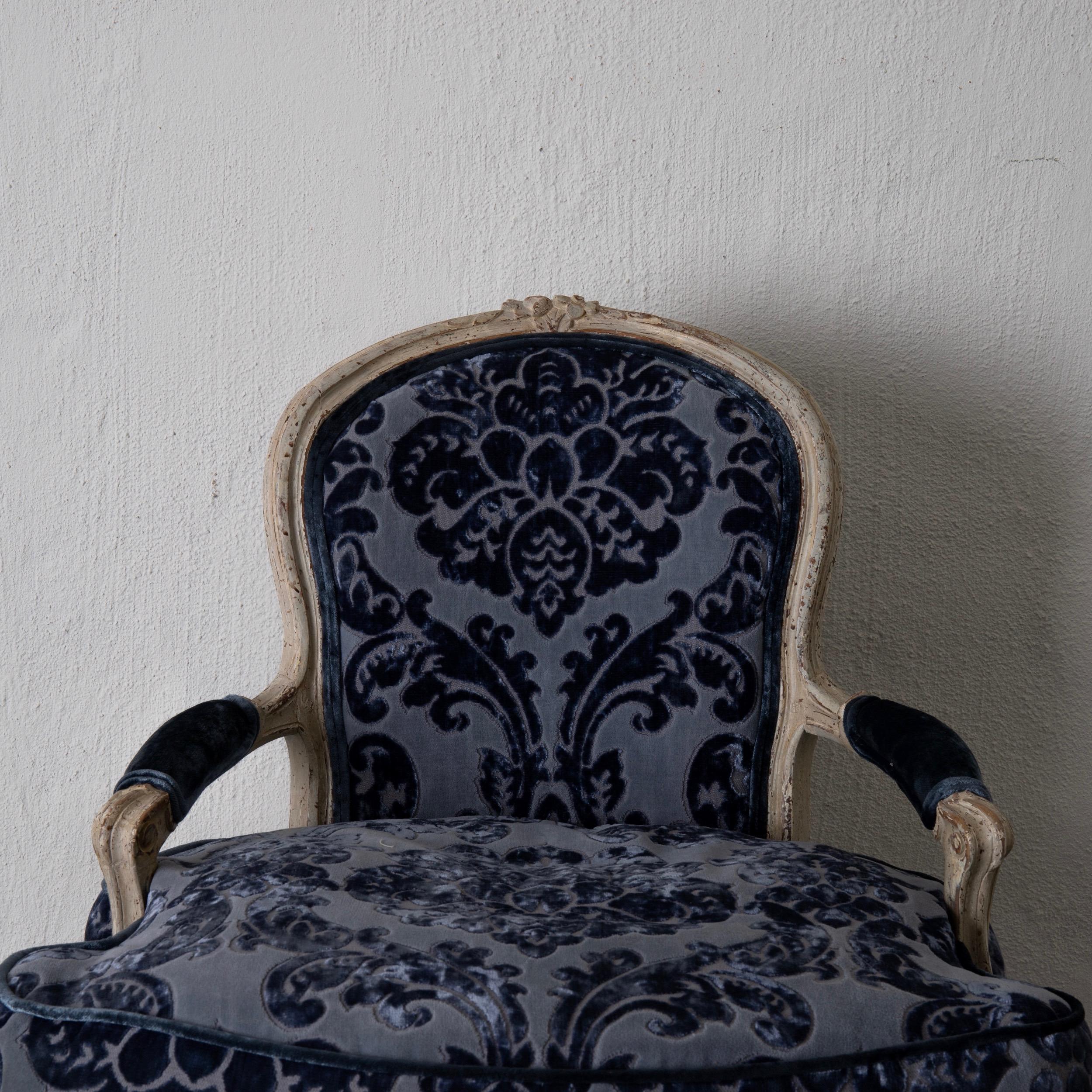 Rococo Pair of French Armchairs White Blue Louis XV Period Velvet, France