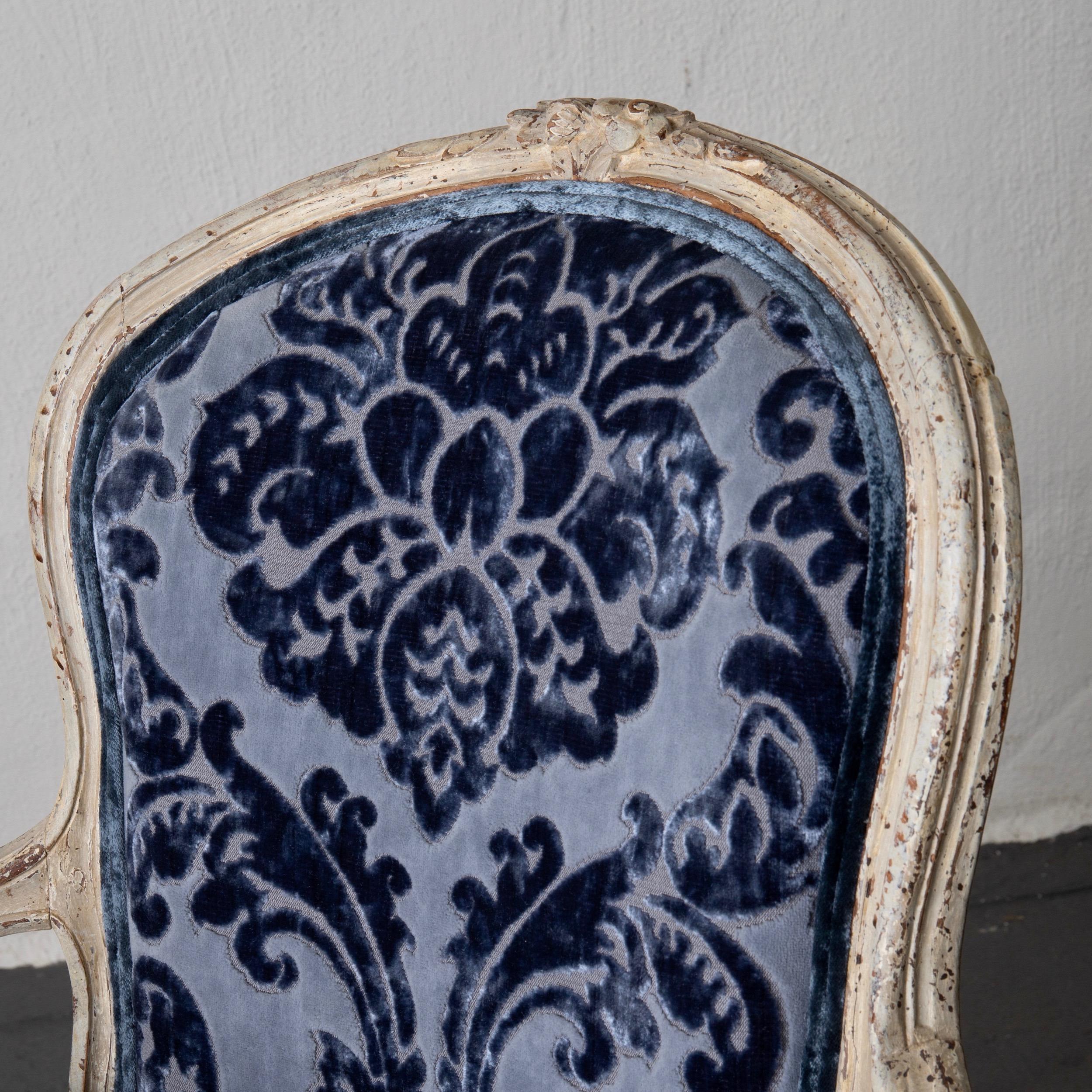 Wood Pair of French Armchairs White Blue Louis XV Period Velvet, France