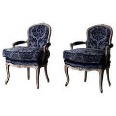 Pair of French Armchairs White Blue Louis XV Period Velvet, France